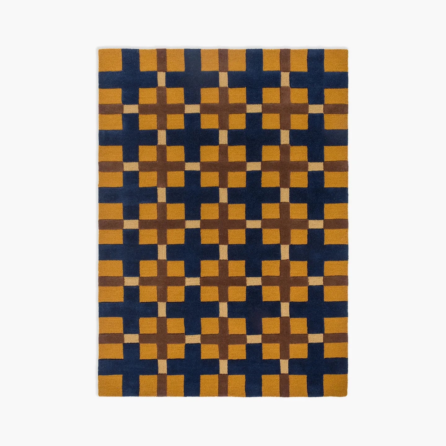 Juno Mustard Gold Navy Checkered Tufted Rug by Housenfriends on a white background