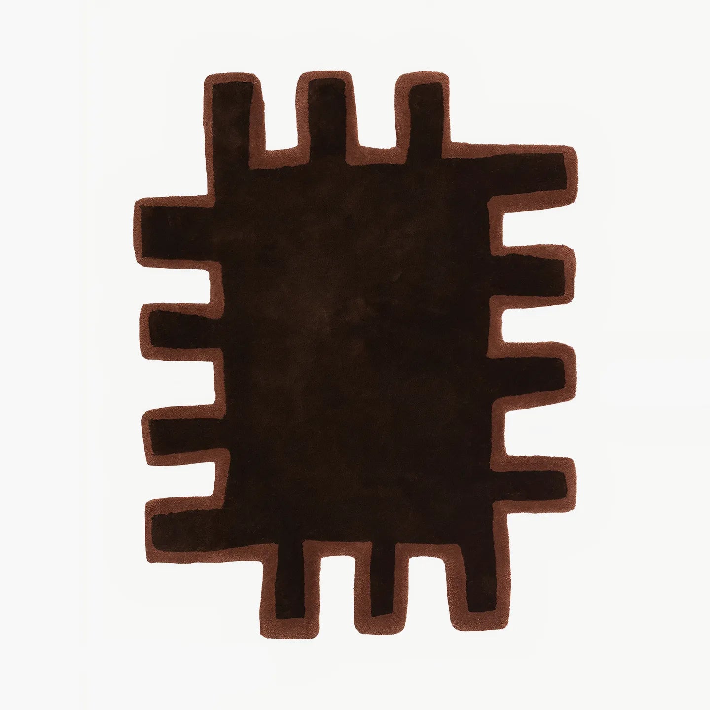 Biscuit chocolate brown shaggy abstract geometric rug with irregular jagged edges and brown border by Housenfriends