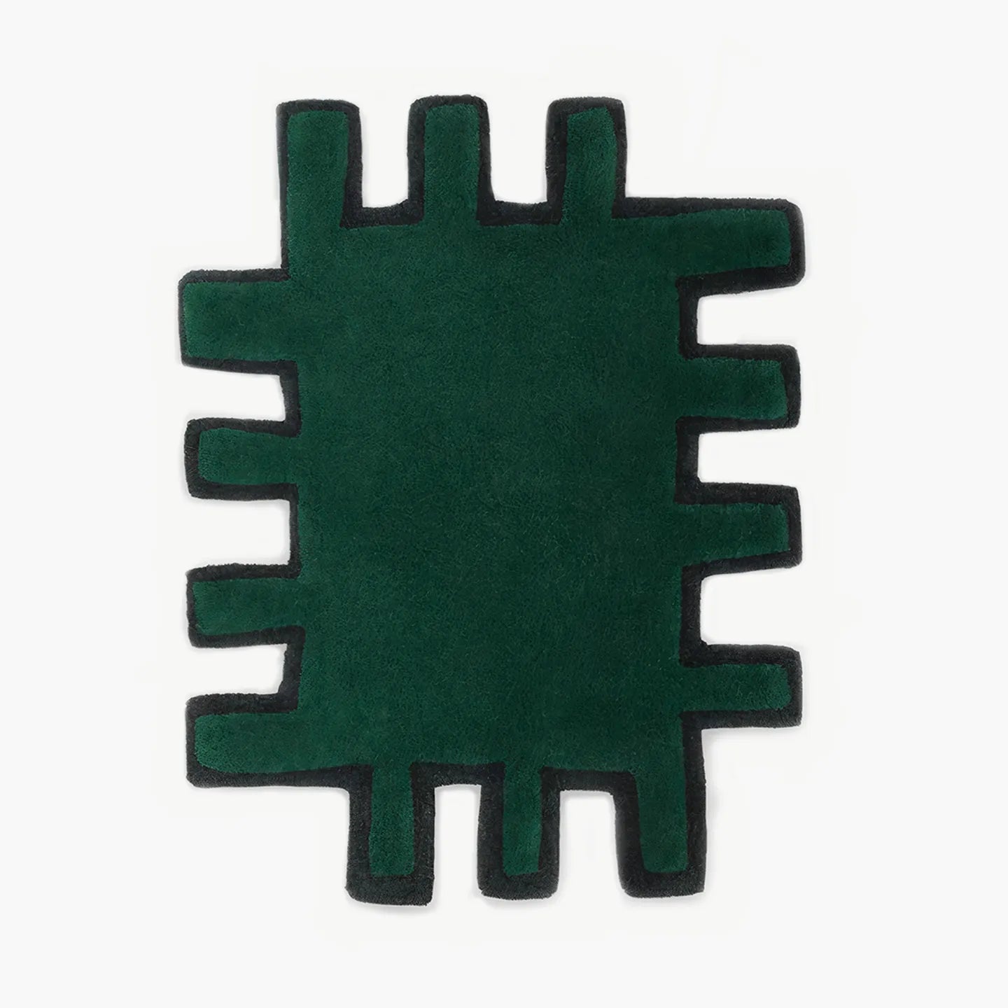 Biscuit green shaggy abstract geometric rug with irregular jagged edges and black border by Housenfriends
