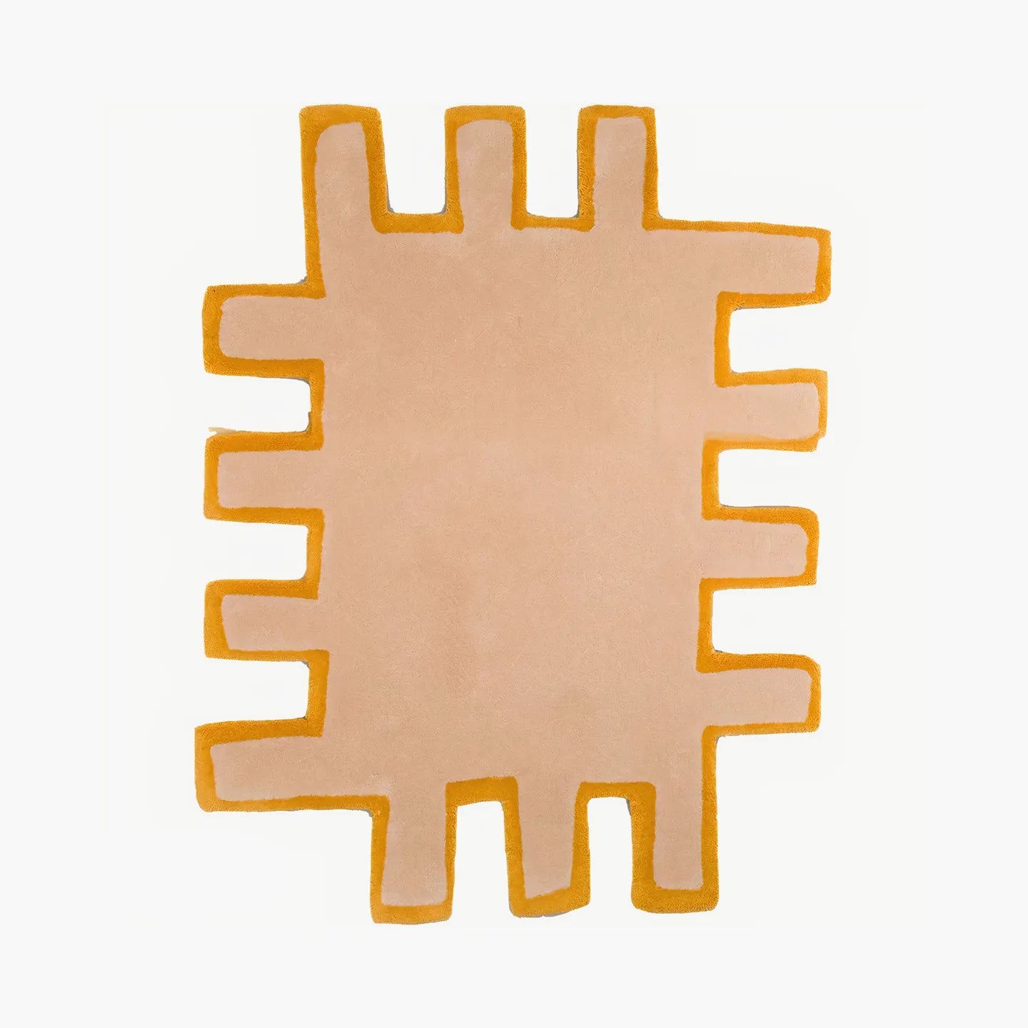 Biscuit beige shaggy abstract geometric rug with irregular jagged edges and yellow border by Housenfriends