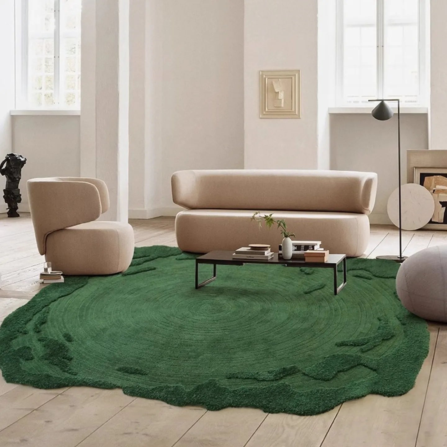 Modern living room featuring Verdure Deep Green moss-inspired high low rug from Housenfriends