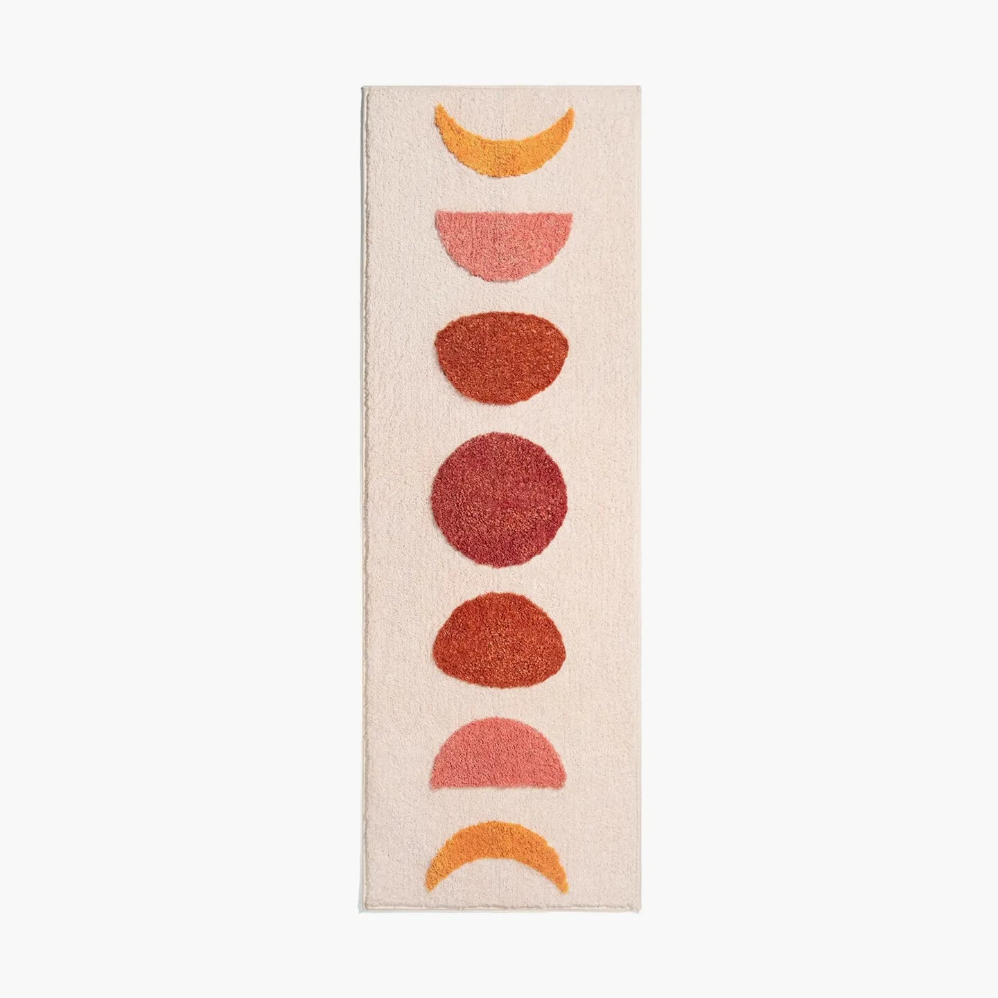 Eclipse pink and orange semi-circle shaggy runner rug by Housenfriends on white background