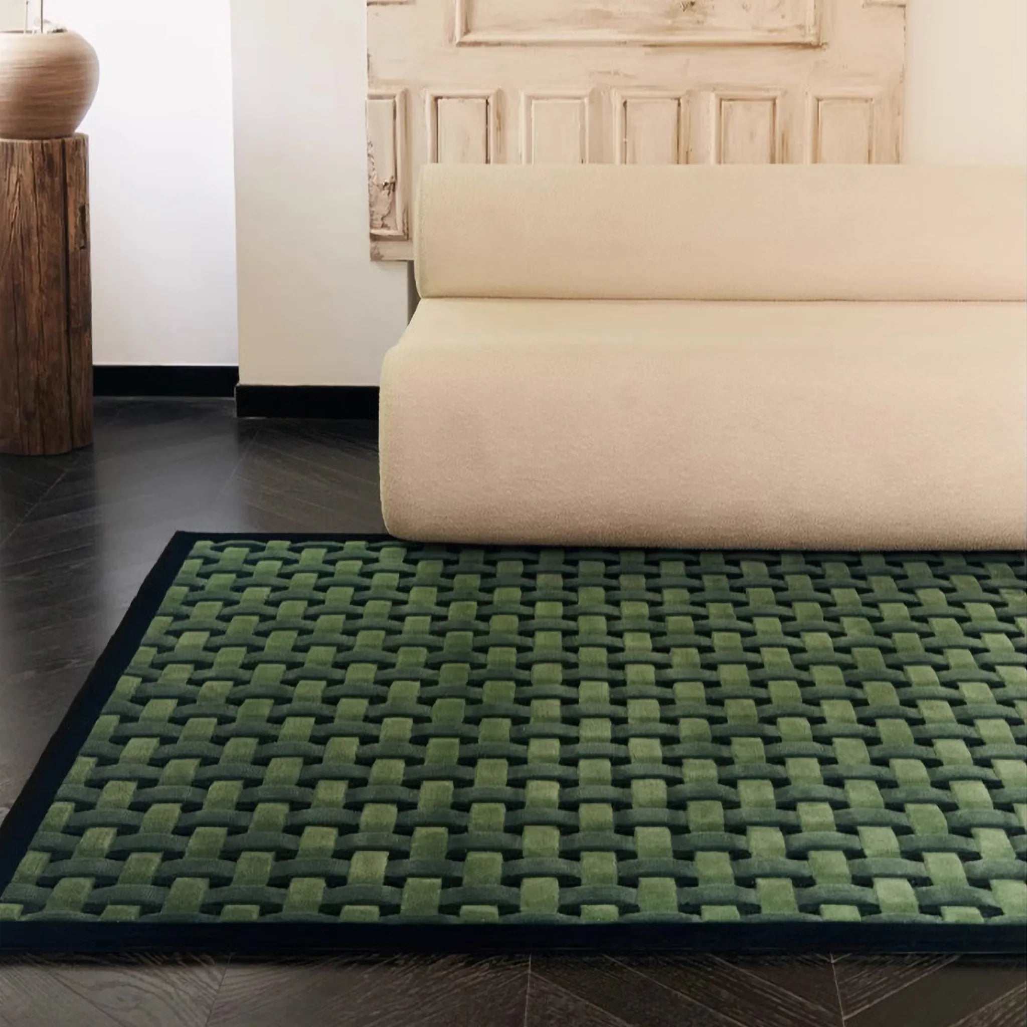Bambusa Green Woven Grid High Low Wool Rug by Housenfriends on floor with a beige sofa