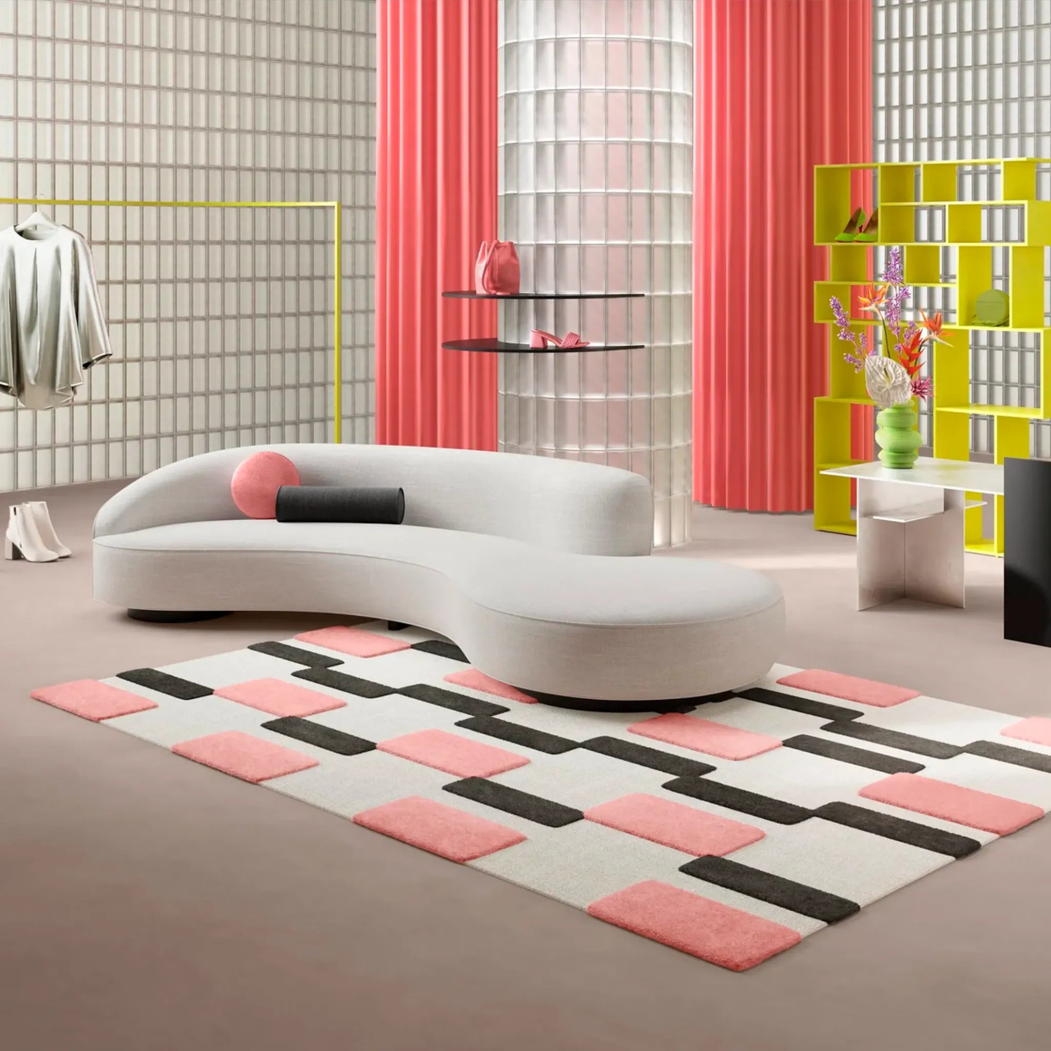Modern living room with a curved white sofa, pink curtains and Blush Pink Black Ivory Checkered High Low Wool Rug by Housenfriends.