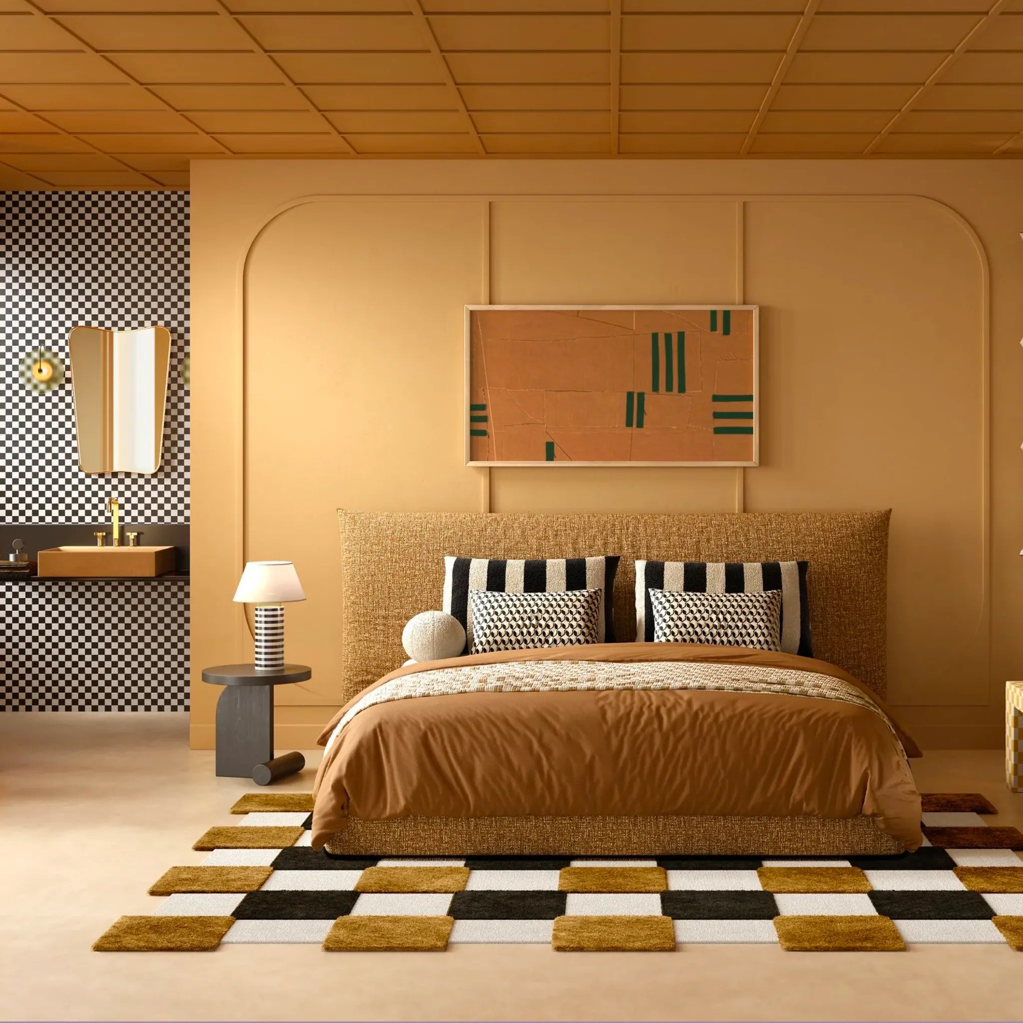 Modern bedroom with a bed, side table, lamp, and Brown Black Ivory Checkered Irregular High Low Wool Rug by Housenfriends