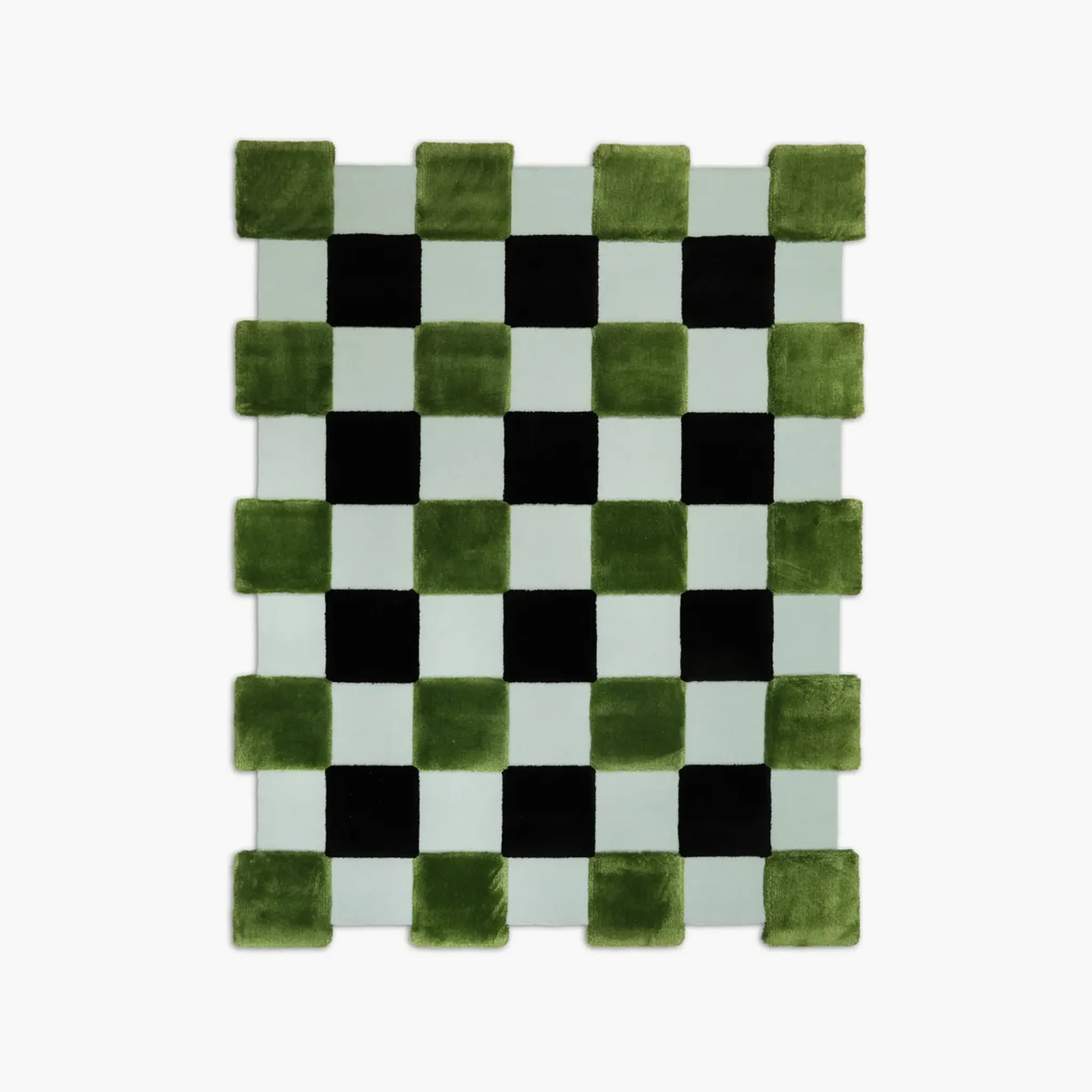 Green Black Mint Checkered Irregular High Low Wool Rug by Housenfriends on white background