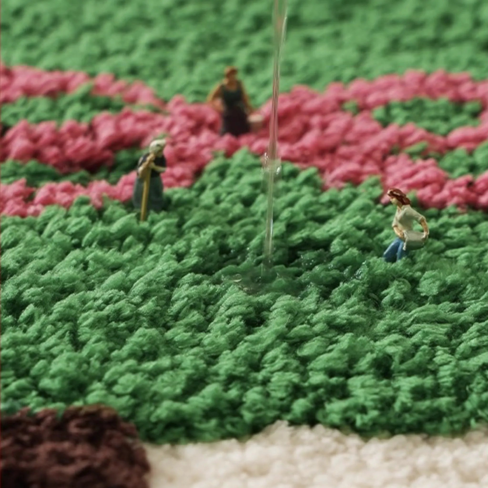 Model figures of people working in a field with a water dropper on a textured surface.