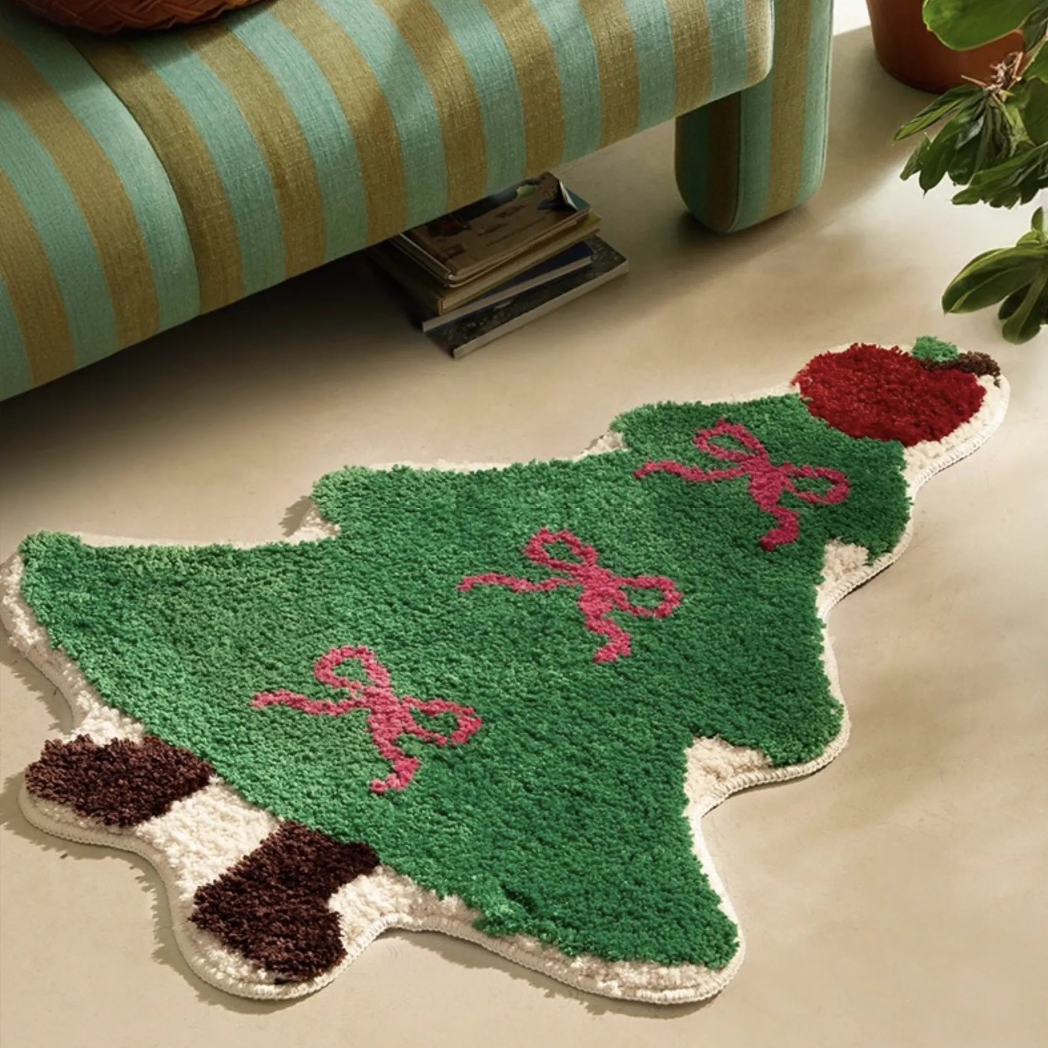 Sprout Green Christmas Tree Shaped Tufted Rug by Housenfriends on a beige floor next to a striped green and yellow couch.