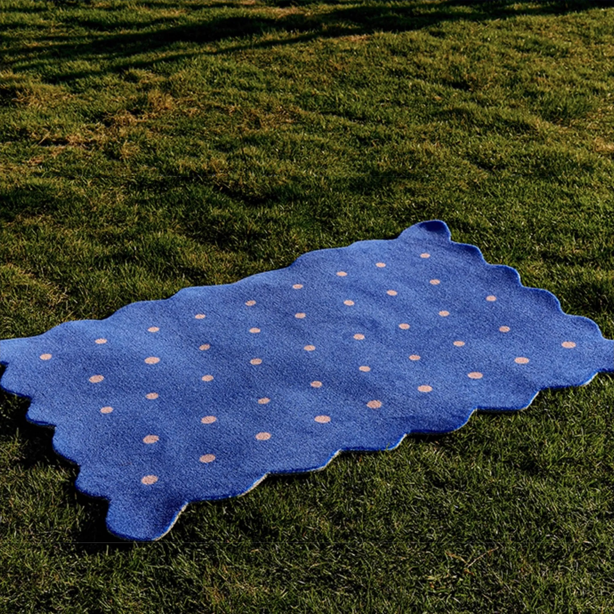 Arden Klein Blue & Pink Polka Dots Scalloped Rug by Housenfriends on grass