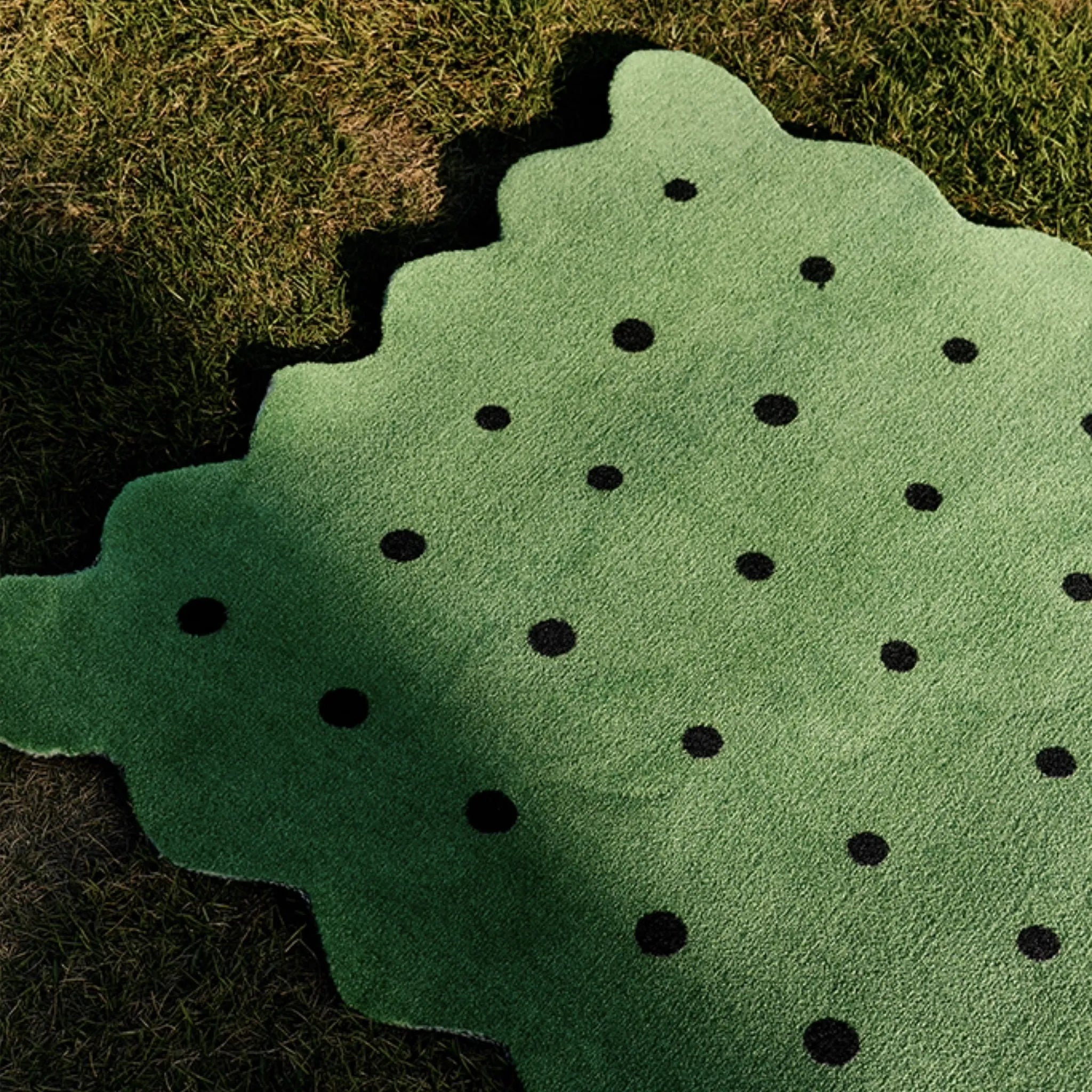 Arden Green & Black Polka Dots Scalloped Rug by Housenfriends on grass