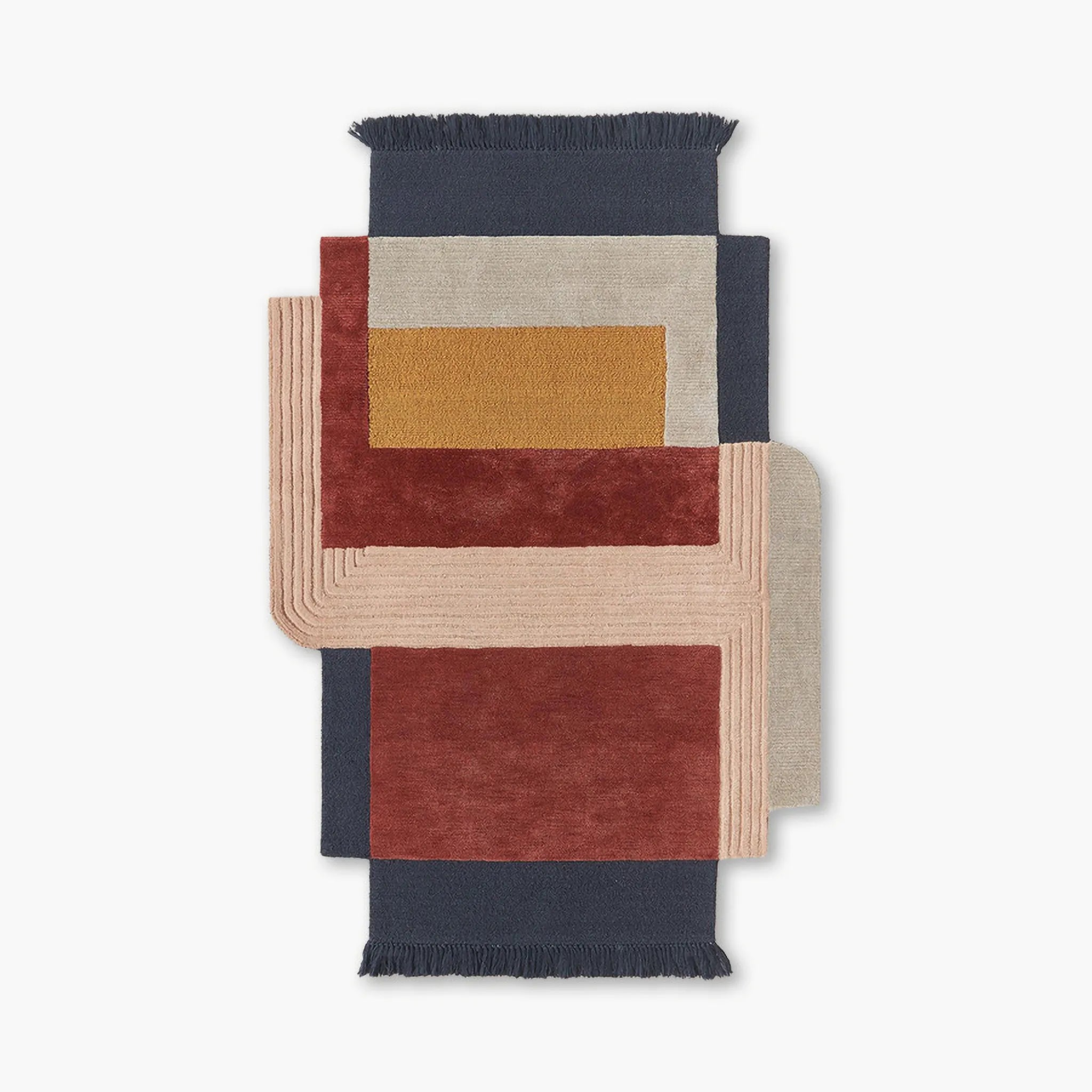 Mira Rust Mustard Navy Pink Abstract Irregular Fringe Wool Rug by Housenfriends on a white background