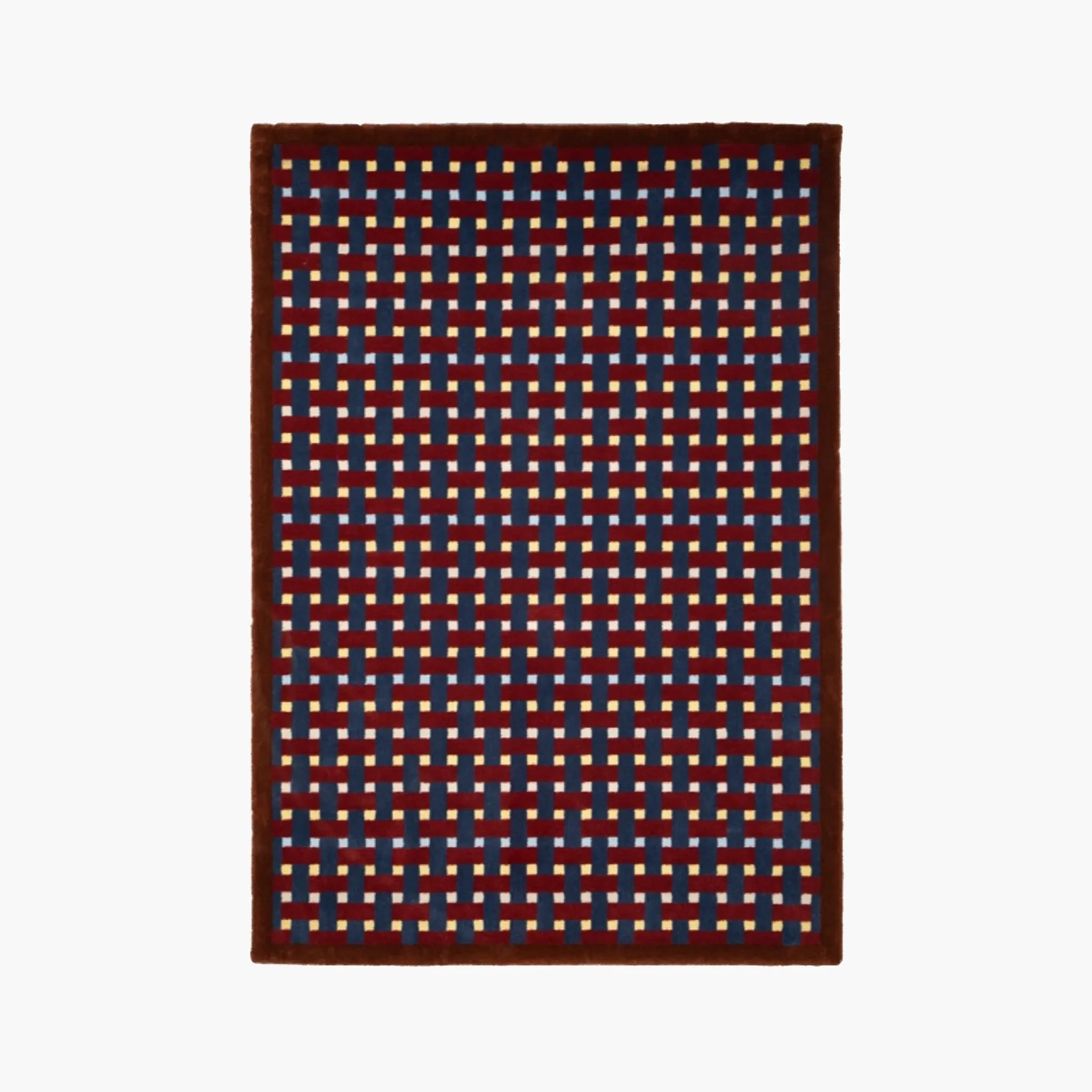 Mondrian Red Navy Beige Retro Checkered Wool Rug by Housenfriends on a white background