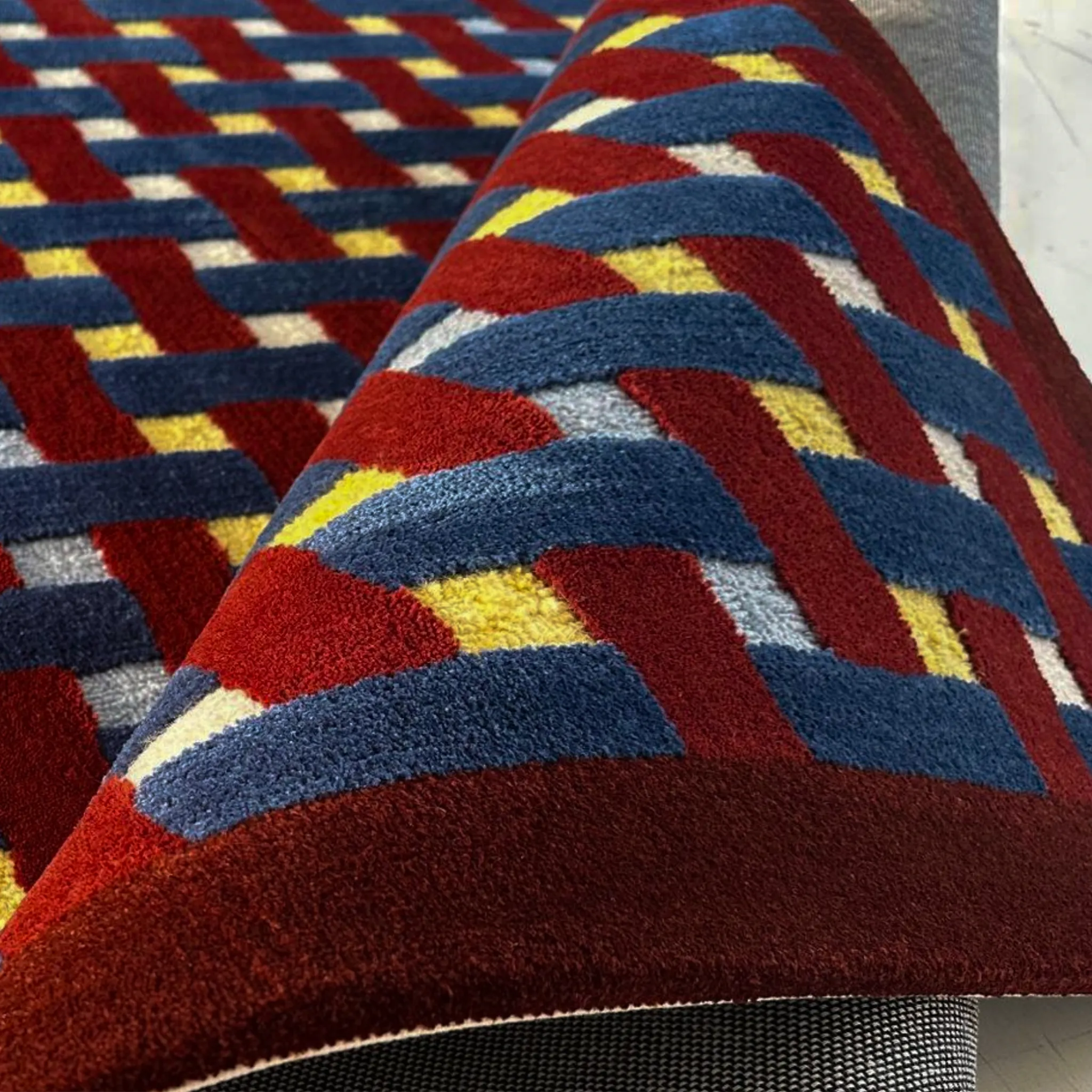 Mondrian Burgundy Navy Beige Retro Checkered Wool Rug