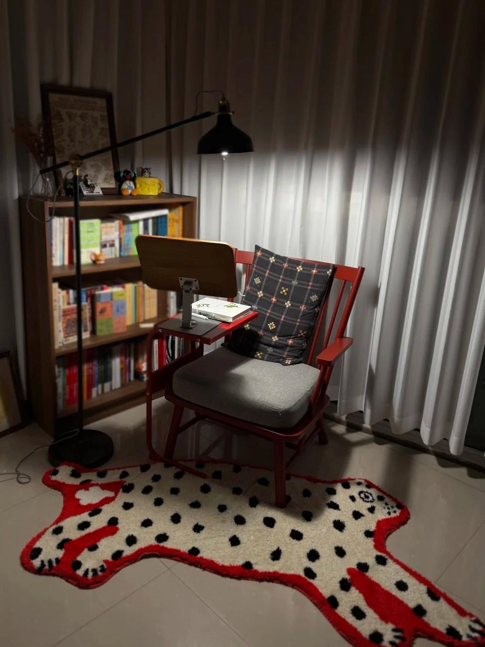 Cheeky Fart Puff Red White Leopard Shaped Tufted Rug in the study