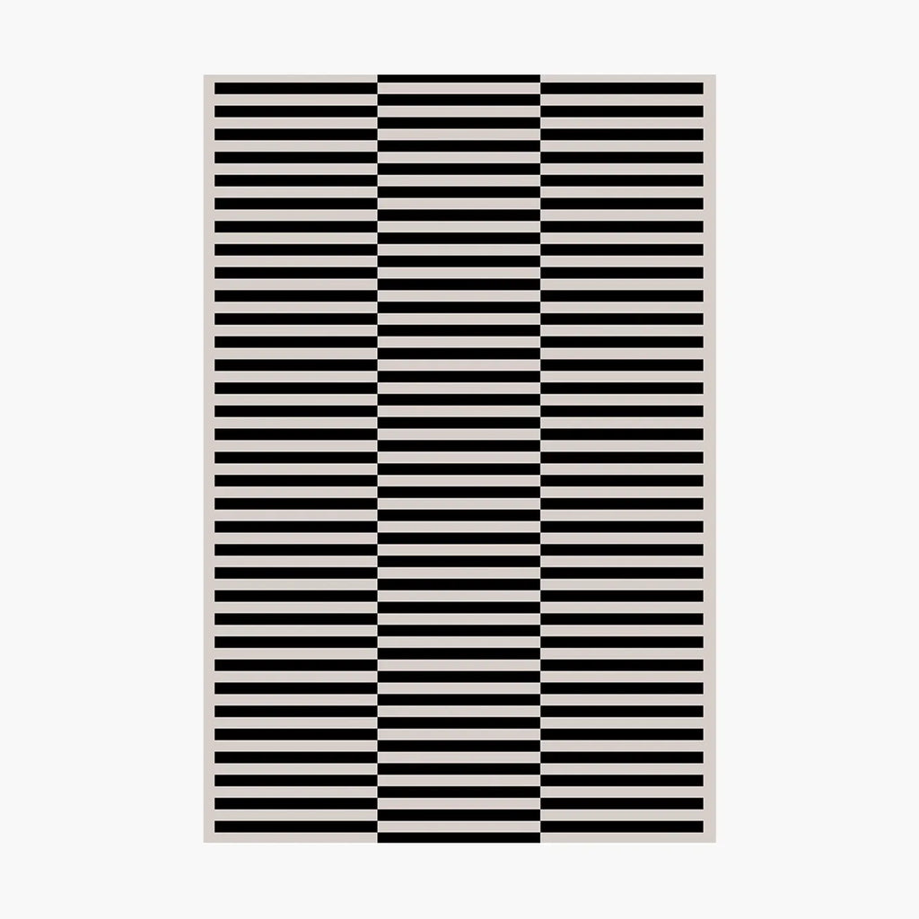 Stockholm Black and White Modern Offset Stripe Rug by Housenfriends on a white background