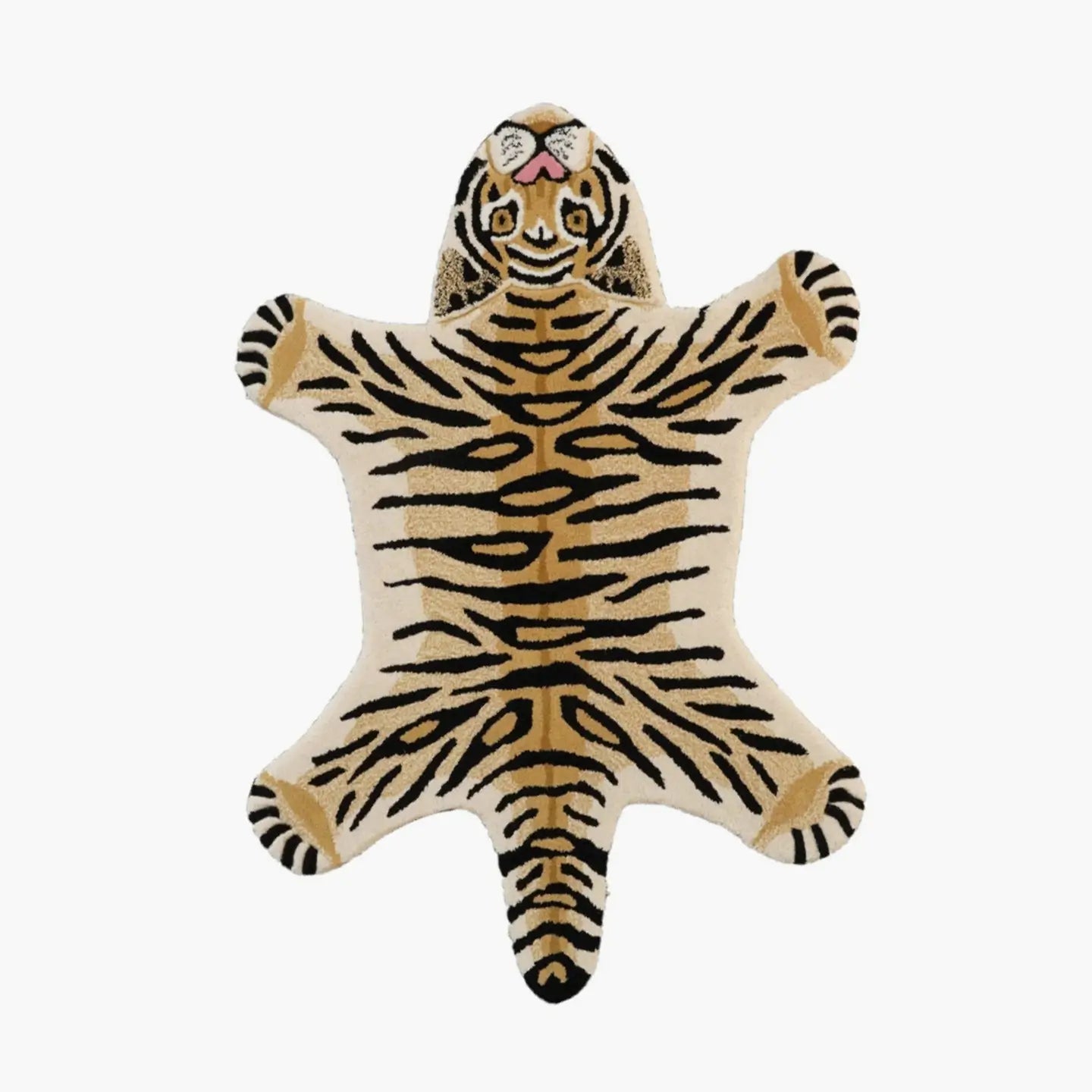 Tibi small tiger animal shaped wool rug in beige, black and brown by Housenfriends on white background