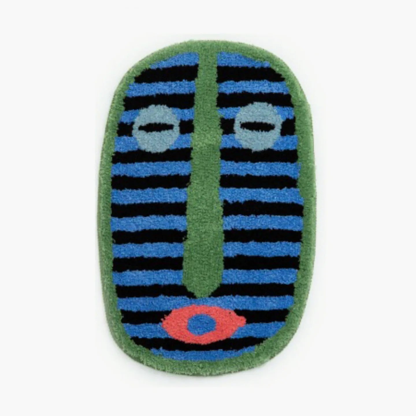 Milo green small oval shaggy modern African mask rug by Housenfriends on white background