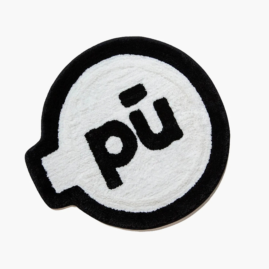 Pu white small shaggy graphic emblem rug with black outline by Housenfriends on white background