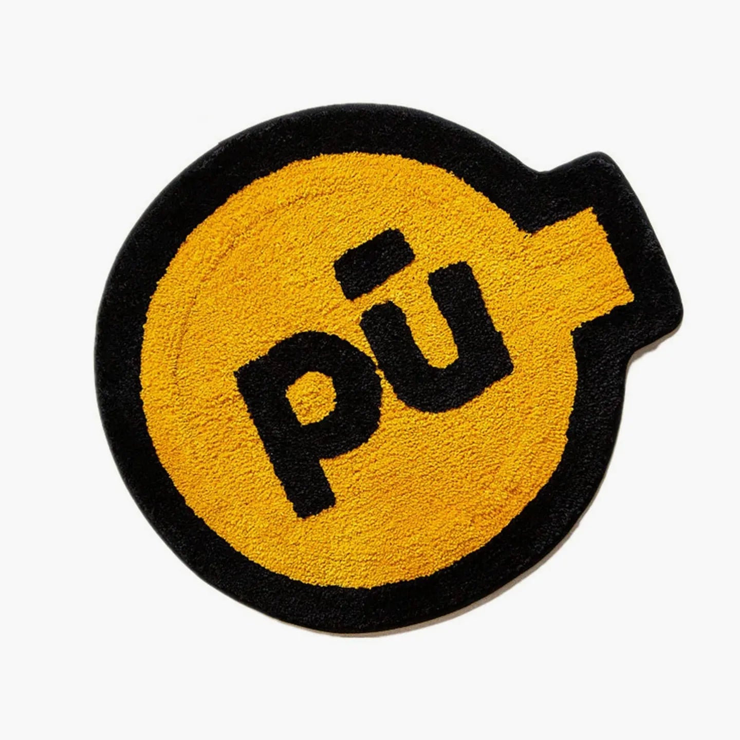 Pu yellow small shaggy graphic emblem rug with black outline by Housenfriends on white background
