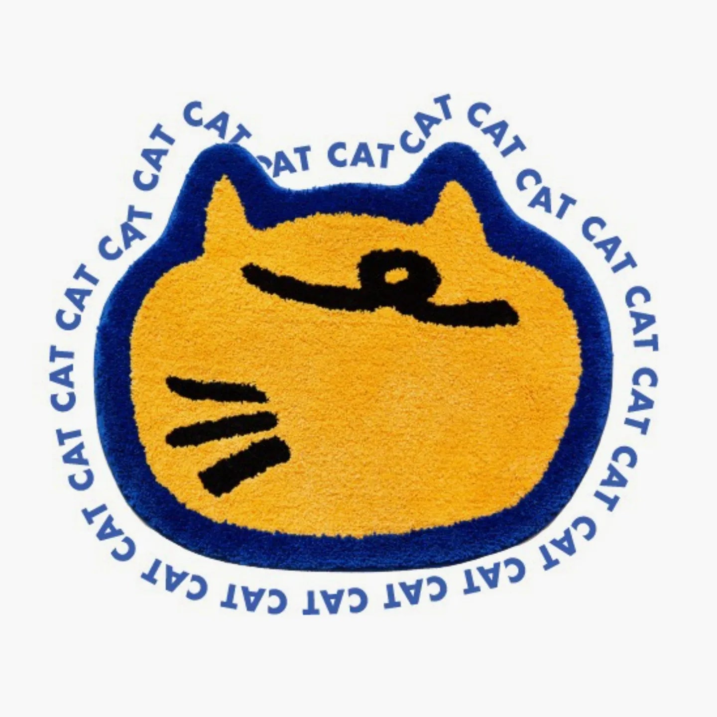 Poki yellow small shaggy cat-shaped rug with blue outline by Housenfriends on white background