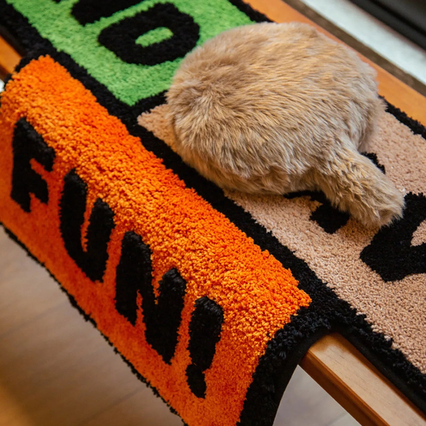 Close-up of And Have Fun shaggy graphic word art rug in green, black, orange and beige by Housenfriends