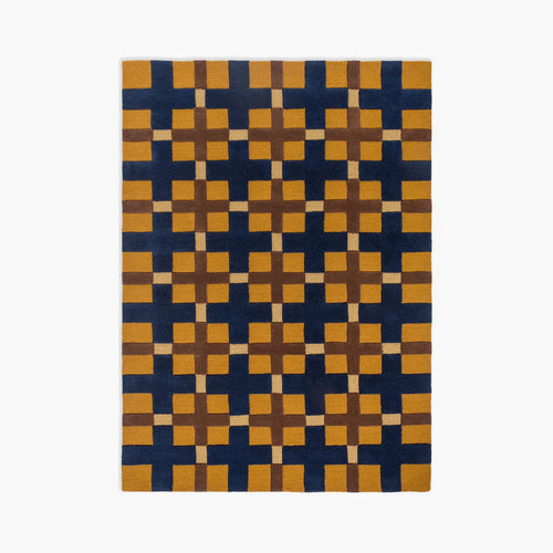 Juno Mustard Gold Navy Checkered Tufted Rug by Housenfriends on a white background