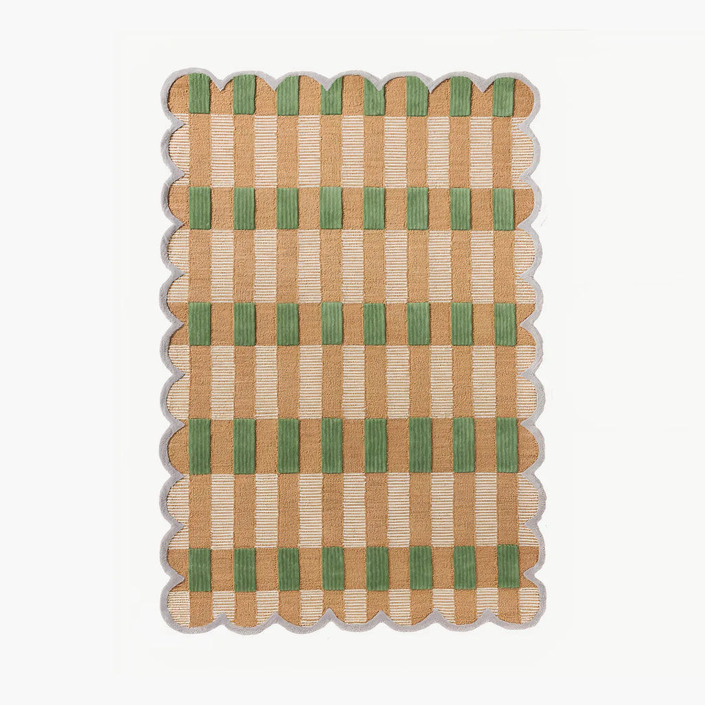 Vera pastel green and orange gingham scalloped rug by Housenfriends on white background