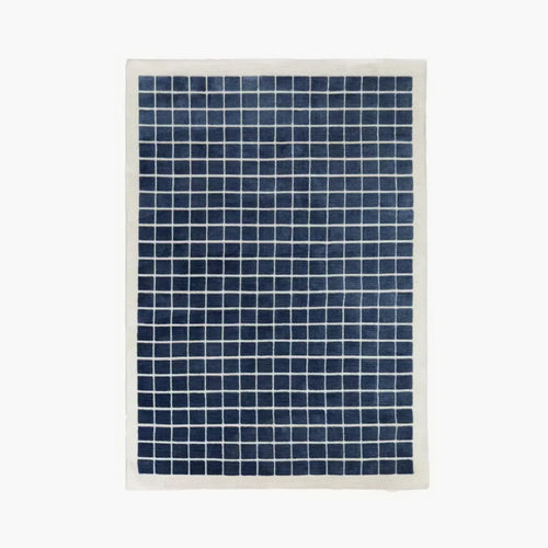 Salina Navy Blue Grid Pattern Modern Rug by Housenfriends on white background