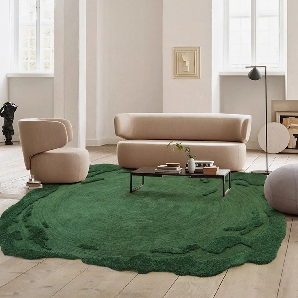 Modern living room featuring Verdure Deep Green moss-inspired high low rug from Housenfriends