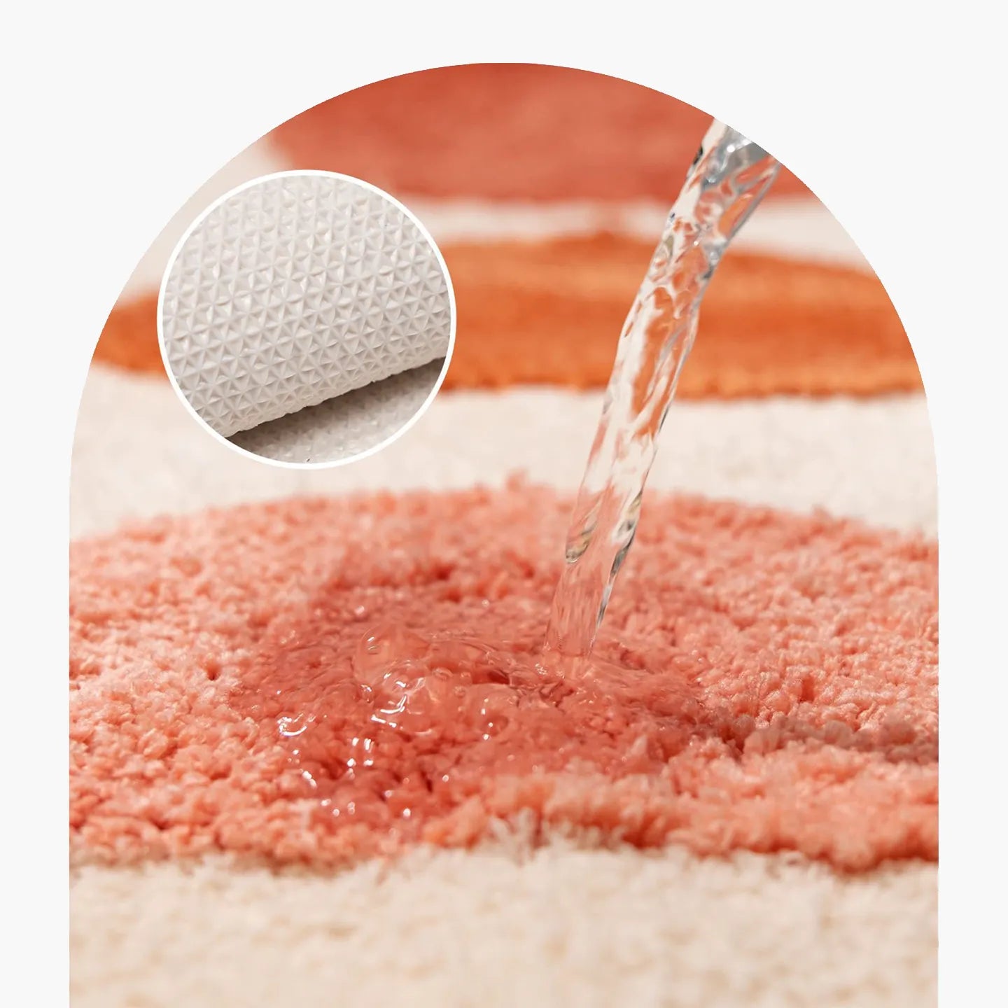 Close-up of surface of Eclipse runner by Housenfriends with water poured, showing absorbency and non-slip backing