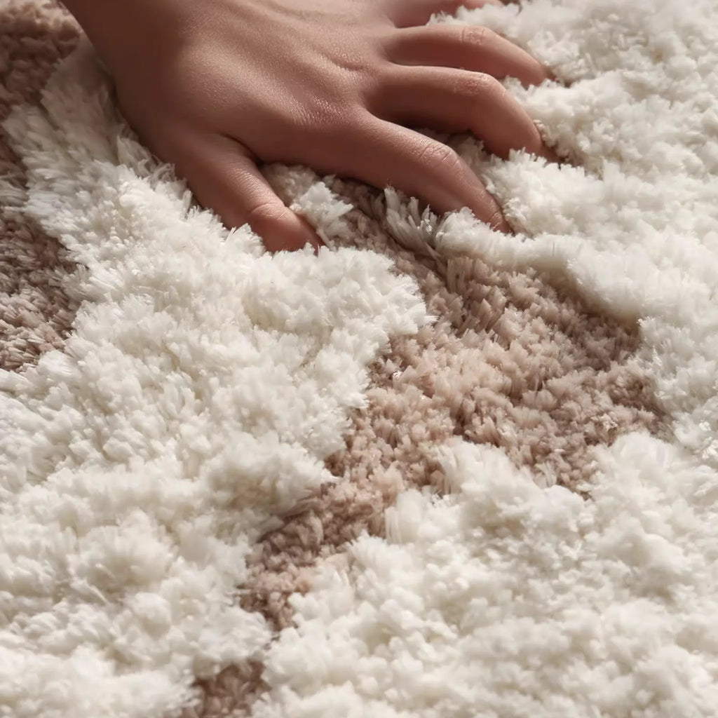 Alba Sand & Cream Wavy Edge High-Low Tufted Runner Rug by Housenfriends, close-up of dense high pile and low pile contrast