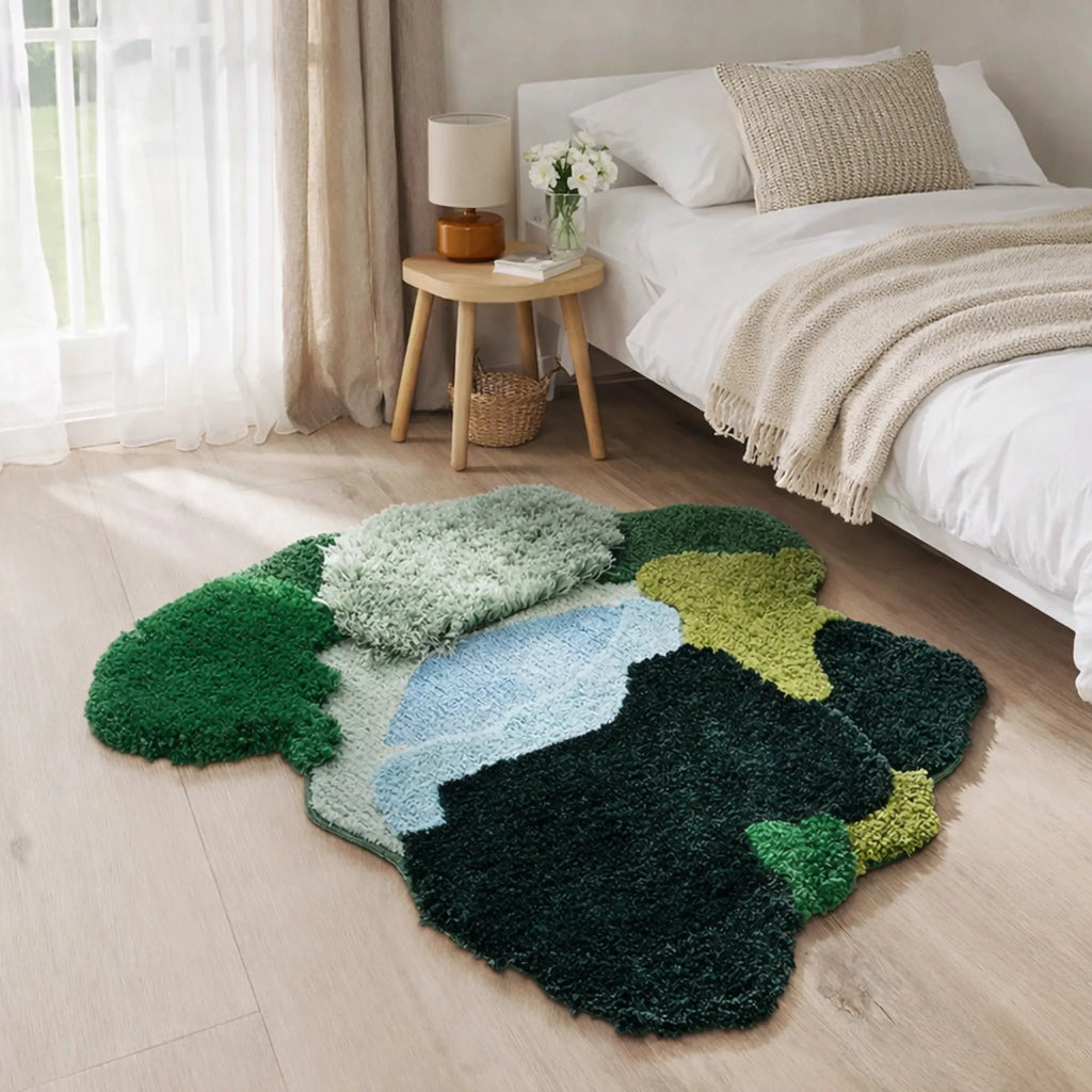 Alder Green Pondside High Low Tufted Irregular Rug by Housenfriends styled beside a bed in a soft neutral bedroom