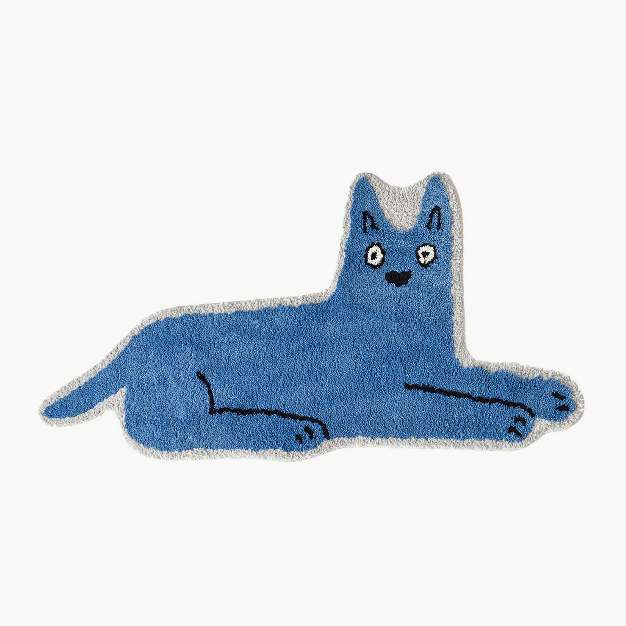 Goofy Wide Eyed Blue Cat Shaped Tufted Rug by Housenfriends on a white background