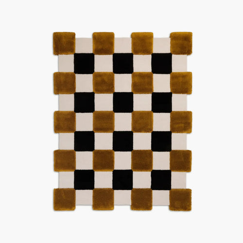 Brown Black Ivory Checkered Irregular High Low Wool Rug by Housenfriends on white background