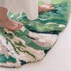 Cassia Forest Green Monstera Leaf Irregular Tufted Rug, feet stepping on the plush tufted pile