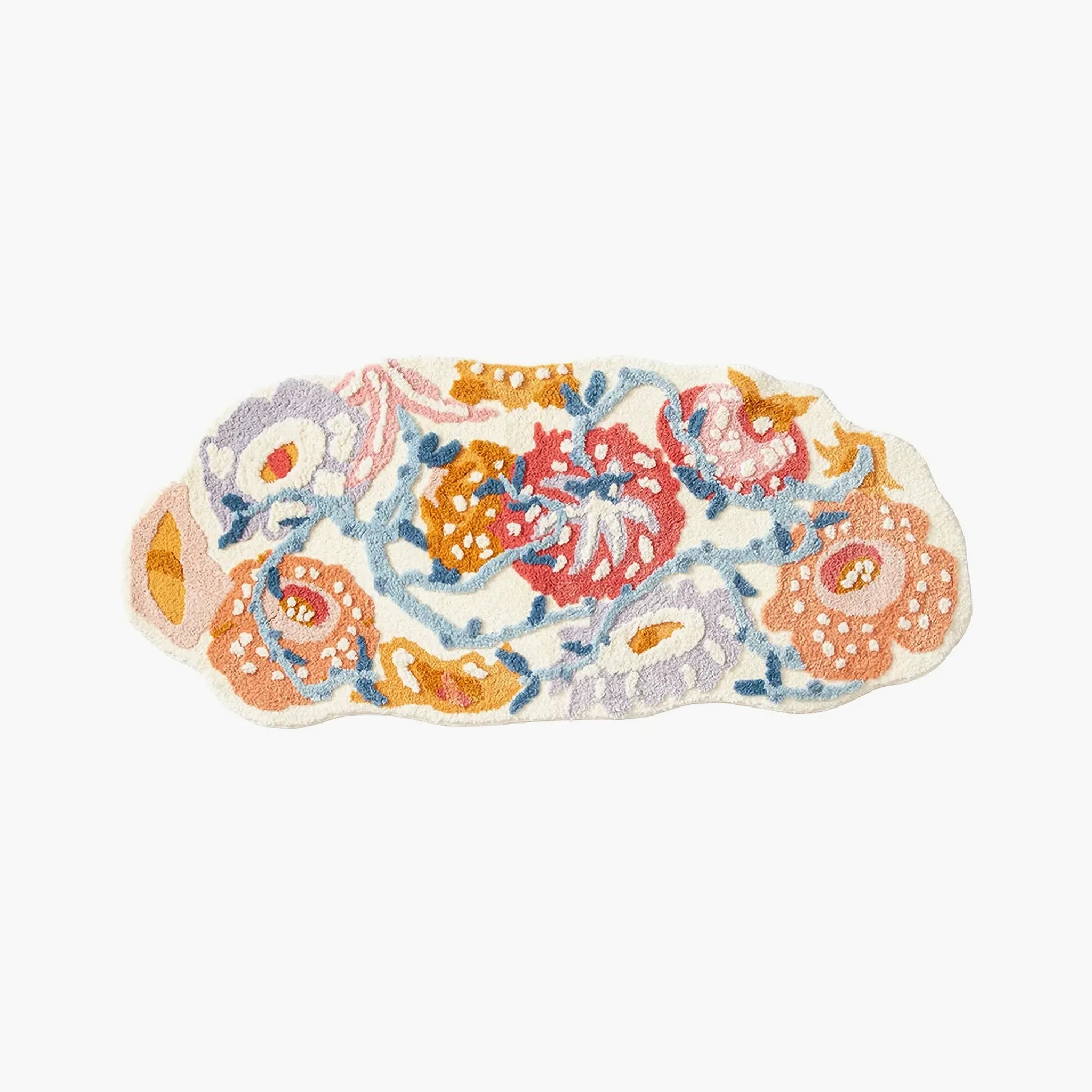 Celia colourful whimsical floral garden irregular tufted runner rug on a white background by Housenfriends