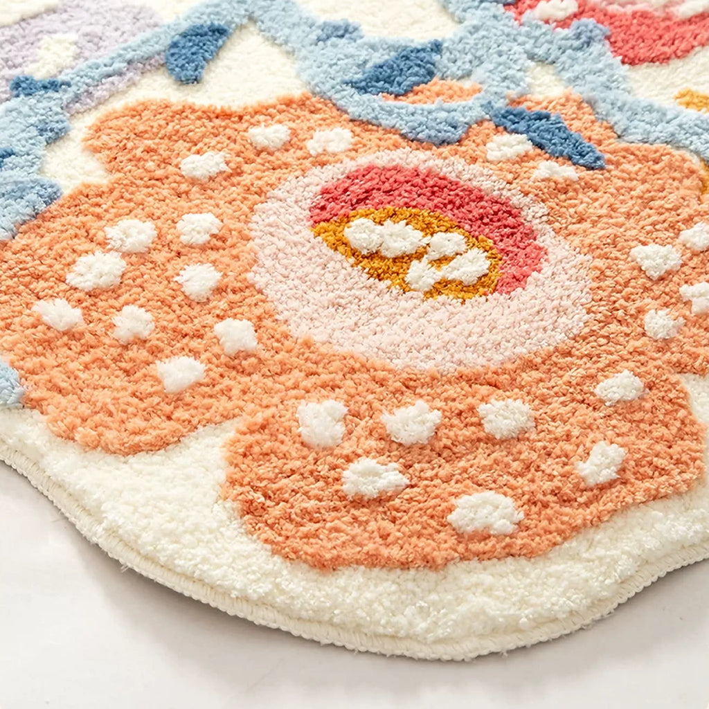 Close up of Celia orange floral runner rug with powder blue vines, raised dots and high-low tufted texture by Housenfriends
