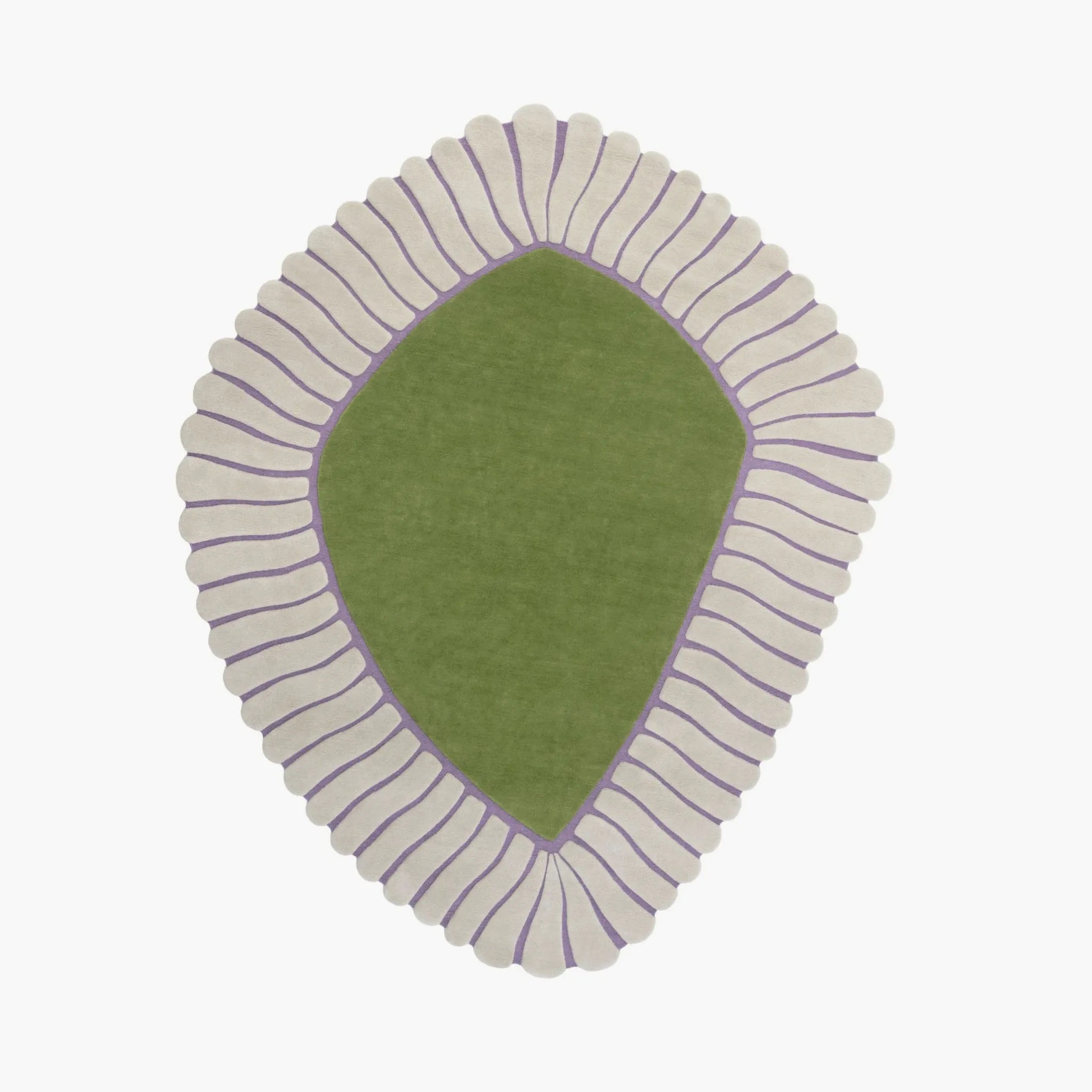 Coquille Green Seashell Shaped Sculpted Rug with cream ribbed border on a white background