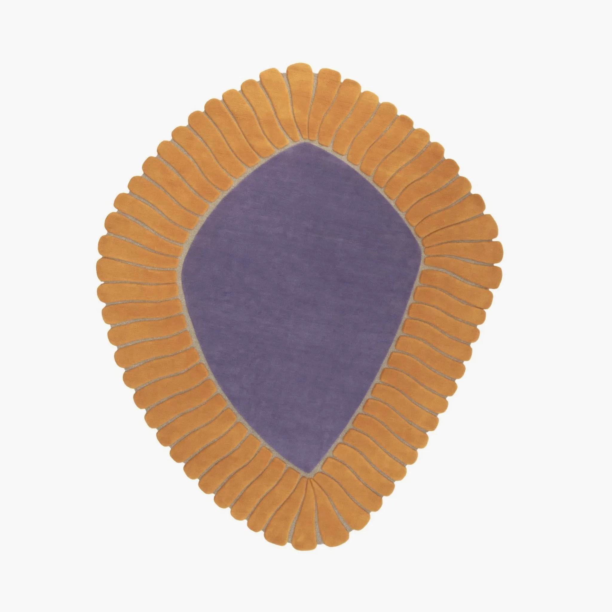 Coquille Purple Seashell Shaped Sculpted Rug with orange ribbed border on a white background