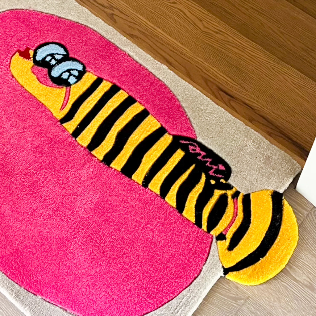 Denny Pink Sea Yellow Clownfish Graphic Tufted Rug by Housenfriends, unique hot pink oval sea rug with yellow clownfish, light beige ground, black stripes, blue eyes and protruding tail
