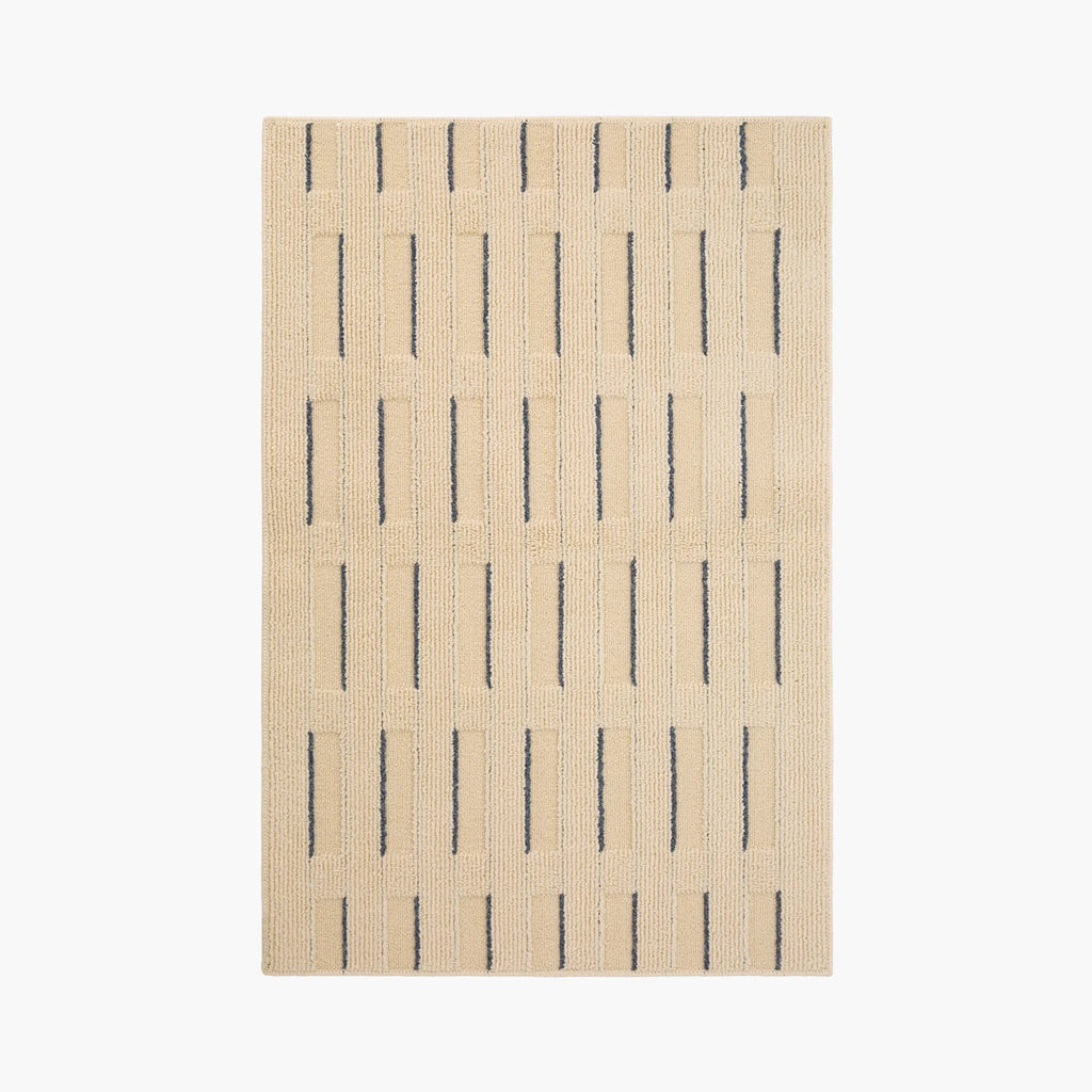 Housenfriends Elio Beige & Navy Striped High-Low Textured Rug, full flat lay on white background