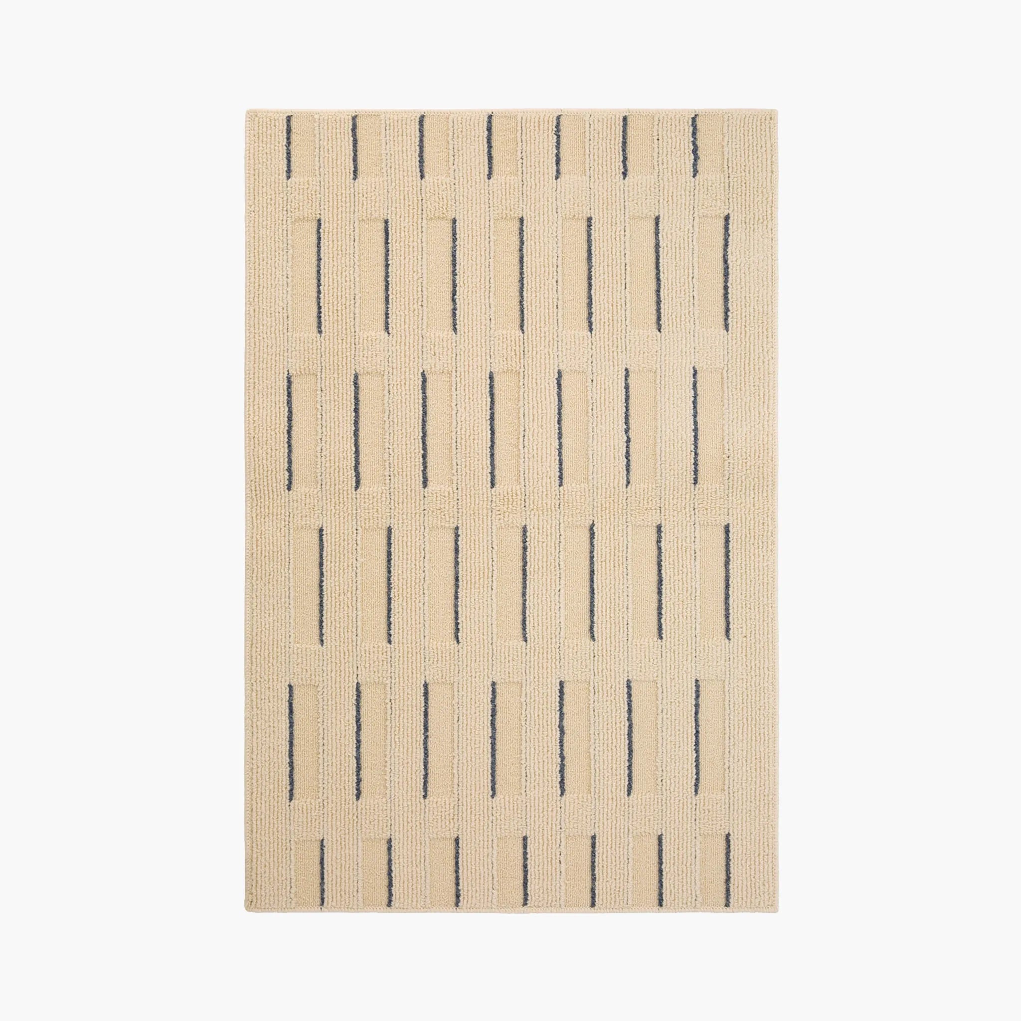 Housenfriends Elio Beige & Navy Striped High-Low Textured Rug, full flat lay on white background