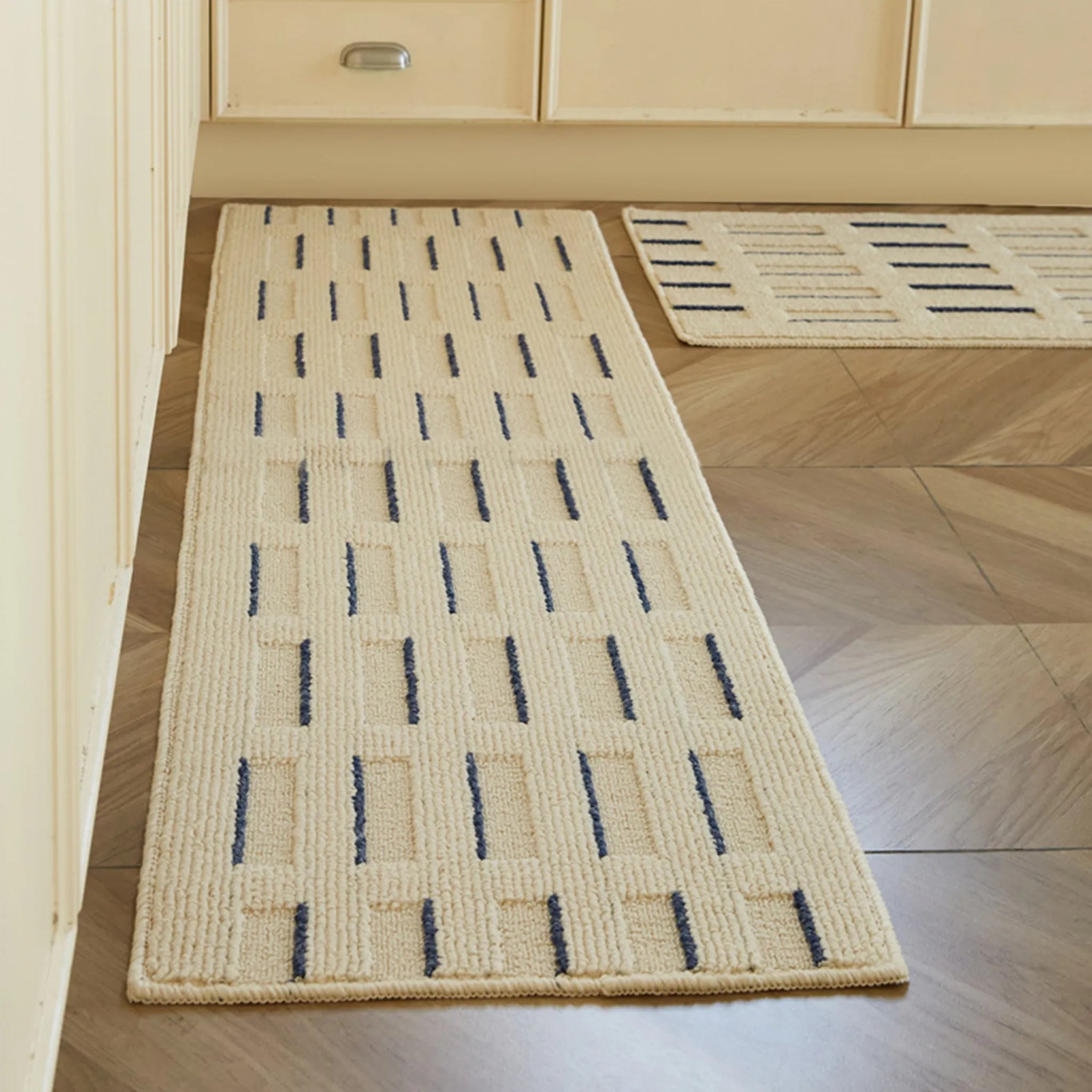 Housenfriends Elio Beige & Navy Striped High-Low Textured Rug long runner styling for hallway and kitchen walkway