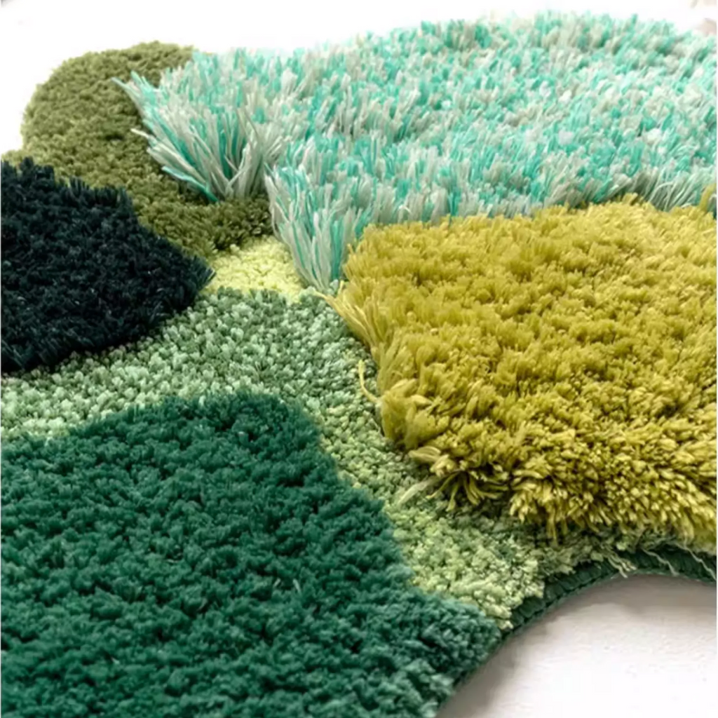 Elowen Mint Green Woodland Tufted Irregular Rug by Housenfriends, mixed green fibres and textured high low pile with soft layered colour