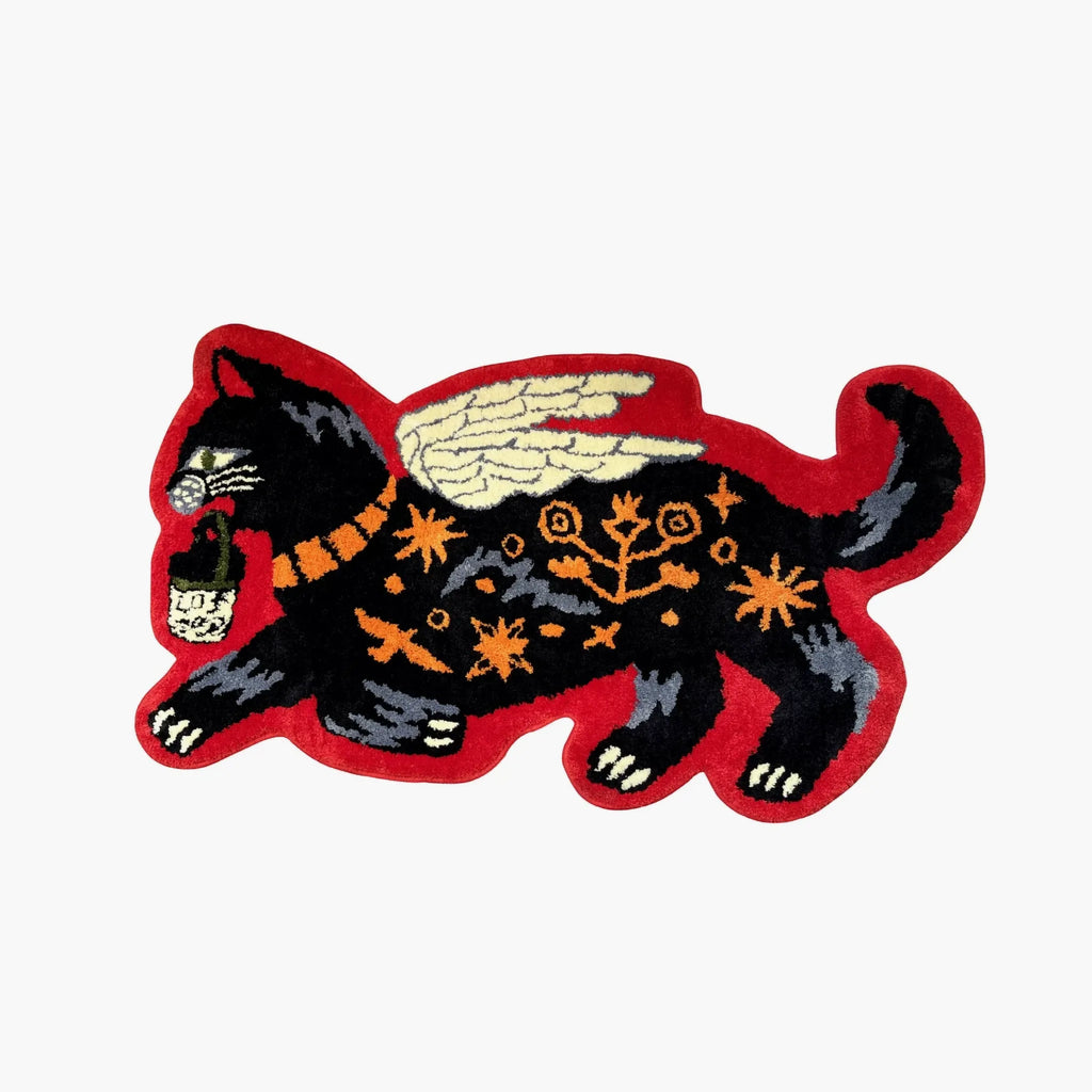 Faye Black & Red Gothic Winged Cat Shaped Tufted Rug