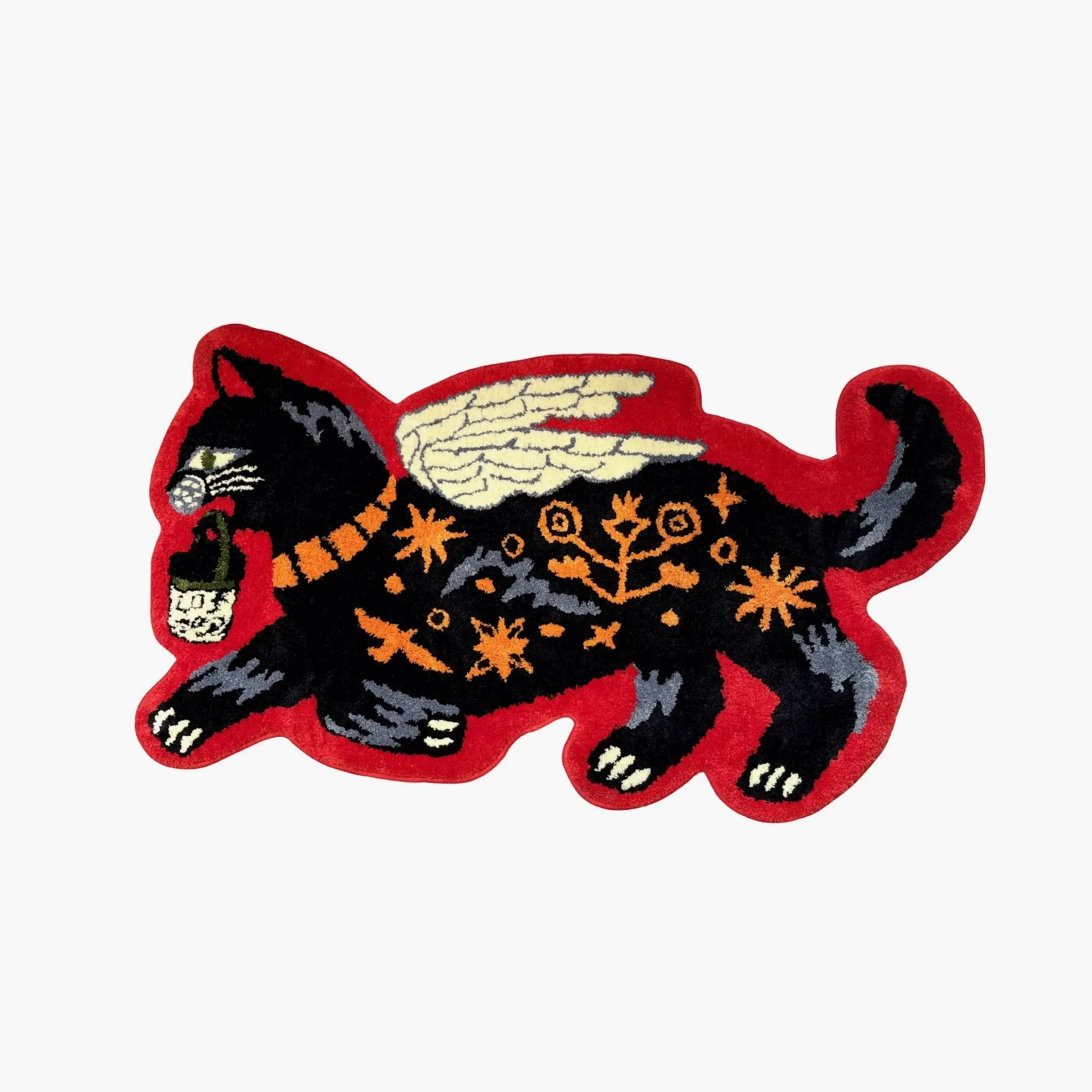 Faye Black & Red Gothic Winged Cat Shaped Tufted Rug