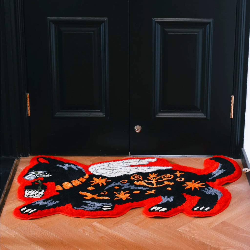 Faye Black & Red Gothic Winged Cat Shaped Tufted Rug