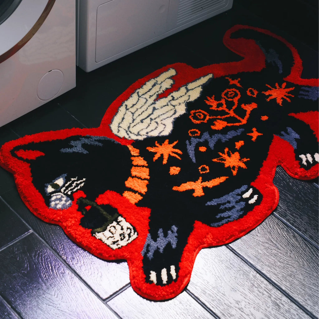 Faye Black & Red Gothic Winged Cat Shaped Tufted Rug