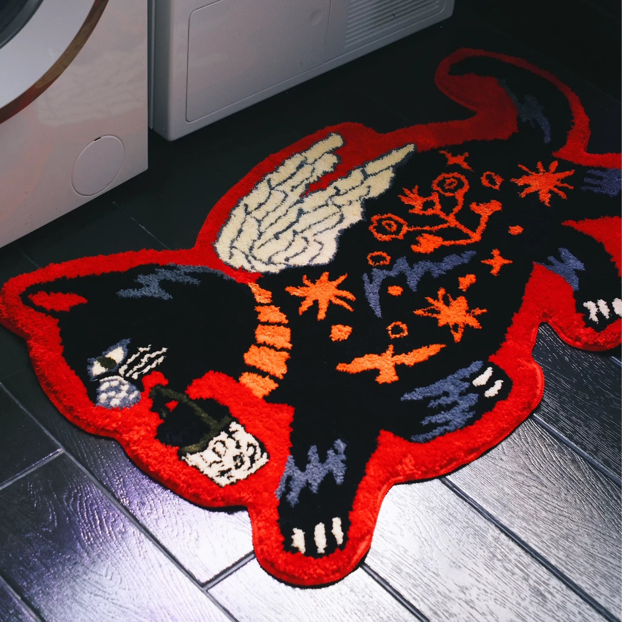 Faye Black & Red Gothic Winged Cat Shaped Tufted Rug