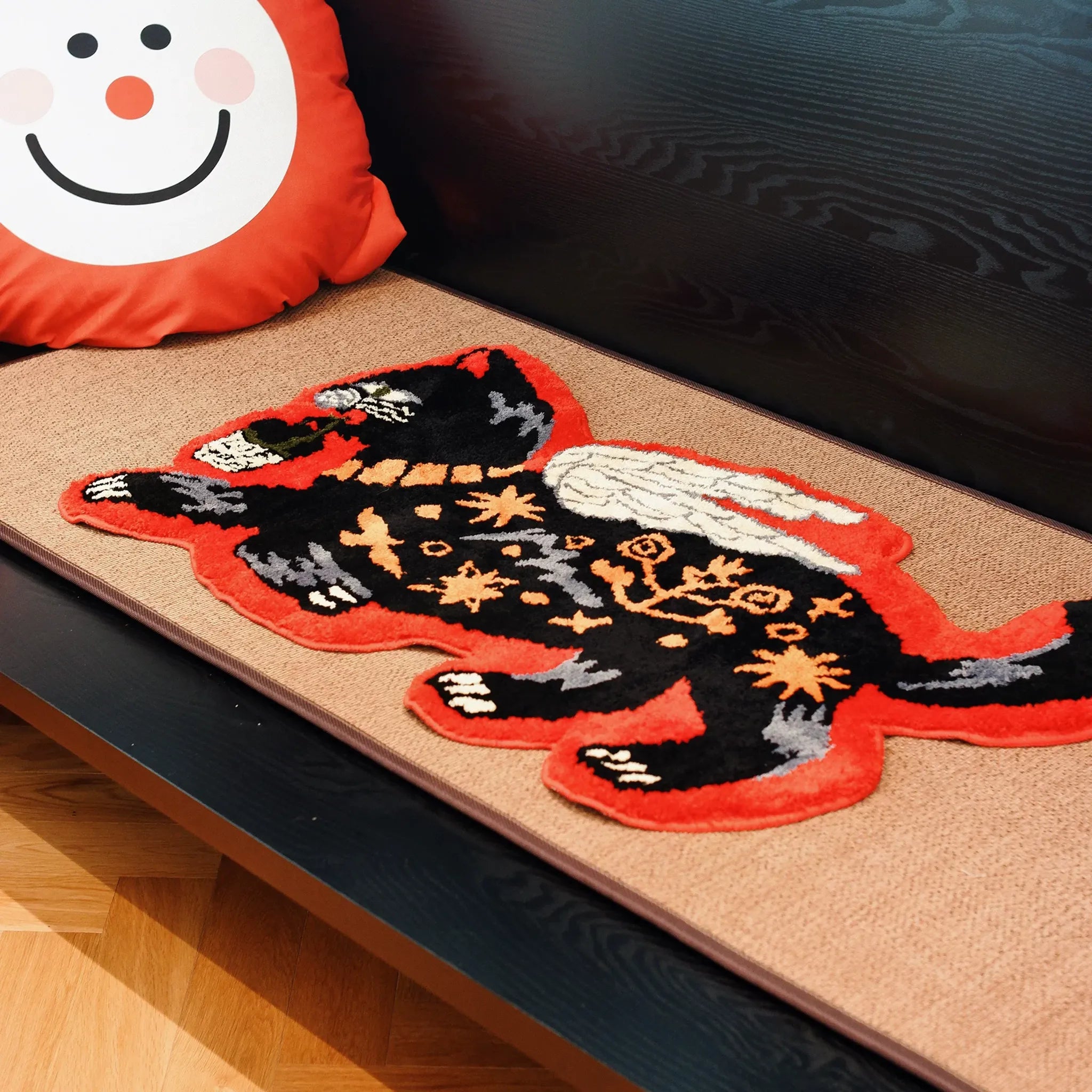 Faye Black & Red Gothic Winged Cat Shaped Tufted Rug